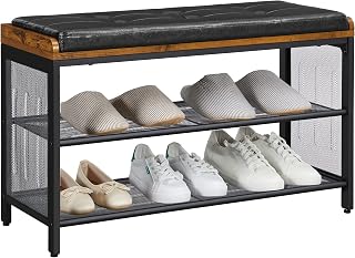 VASAGLE Shoe Bench, Padded Bench With Lattice Rack, Shoe Stand, Hallway, Bedroom, Metal, Simple Structure, Space Saving, Industrial Design, Black Synthetic Leather, Vintage, Dark Brown LBS75X
