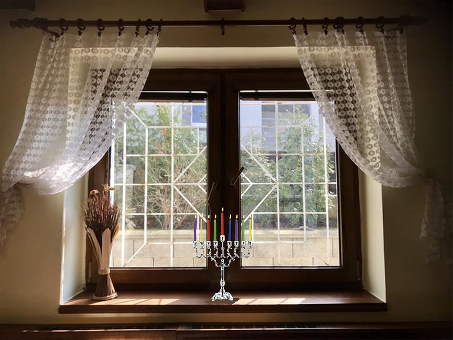 Ner Mitzvah Silver Plated Candle Menorah, Fits All Standard Hanukkah Candles - Curved Branches, 7.25 High x 6.5 Wide