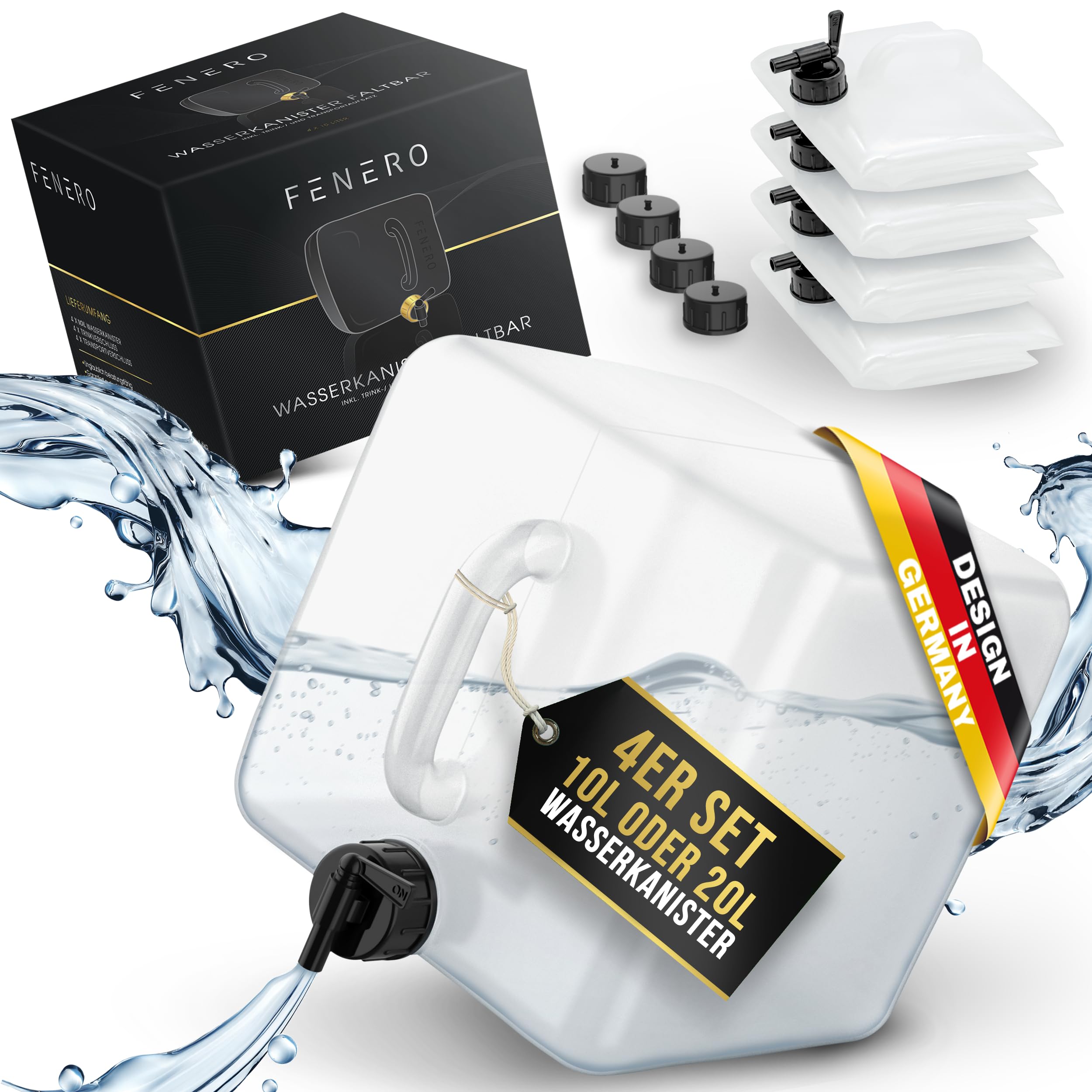 FENERO Wasserkanister Faltbar [Das Original] 10/20l Wasserkanister Camping - Robuster Faltkanister - Trinkwasserkanister - Wasserkanister mit Hahn inkl. Transportaufsatz!
