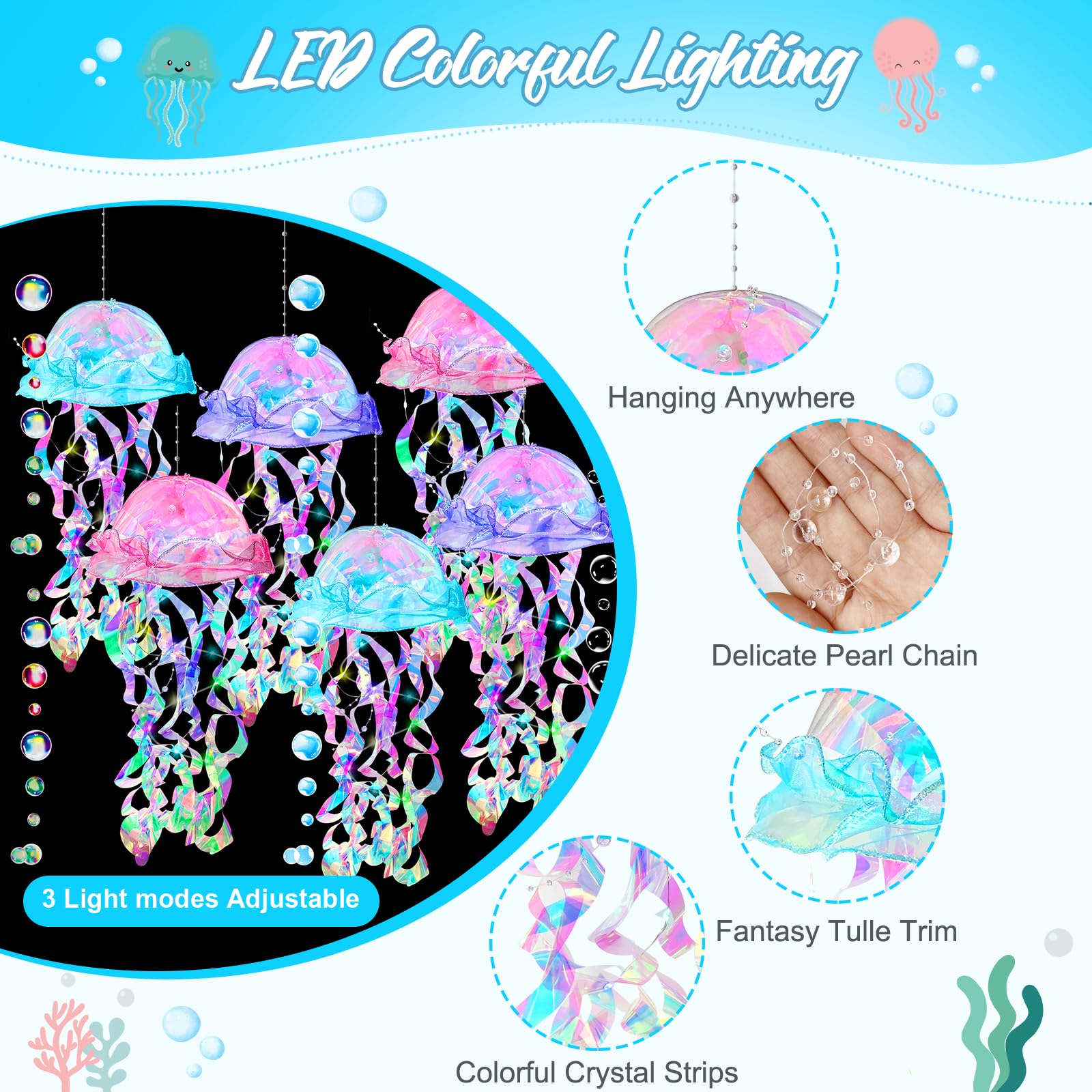 Hanging Jellyfish Decor, 6pcs Jellyfish Lanterns & 3 White Bubble Garlands for Mermaid Ocean Theme Party Decorations