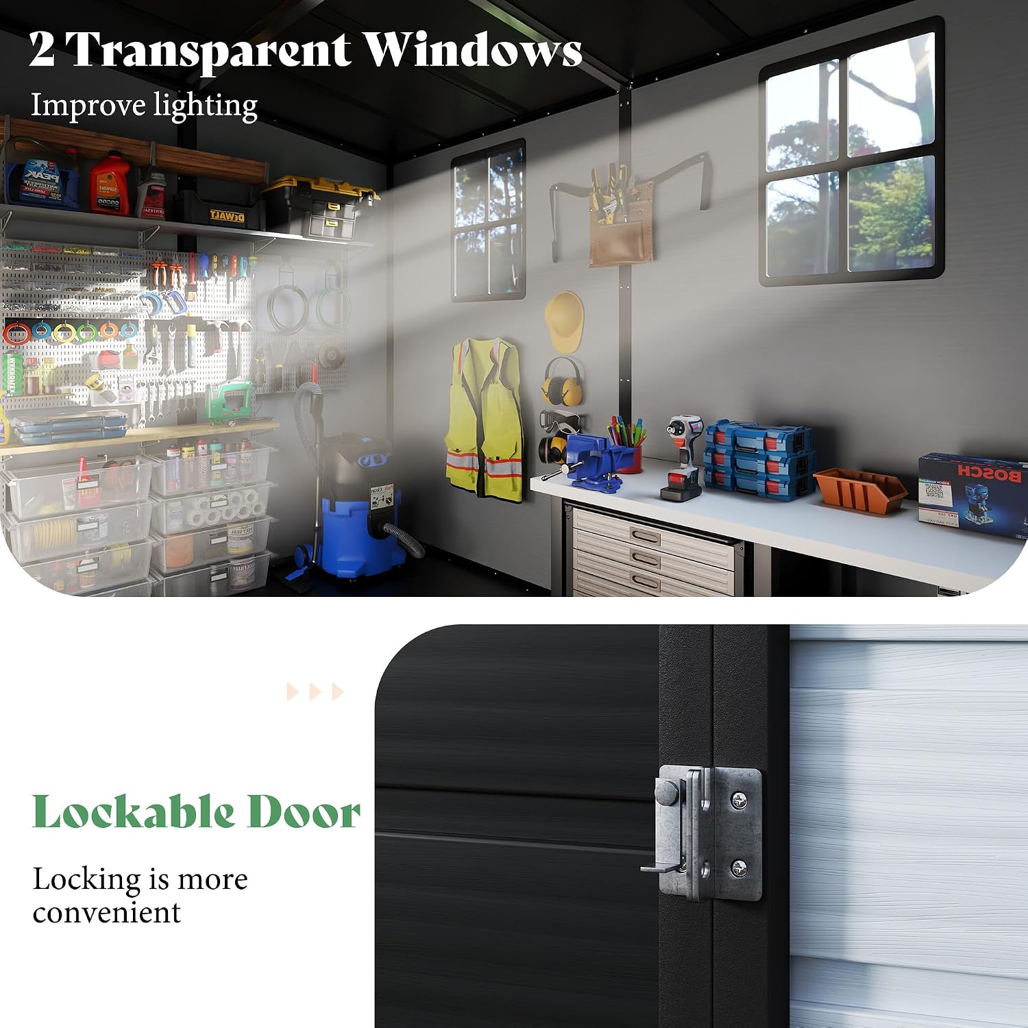 Interior view showing two transparent windows providing natural light and a close-up of the lockable door latch.