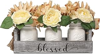 Besuerte Farmhouse Mason Jar Centerpieces, Rustic Country Home Table Decor with 3 White Painted Mason Jars,Rose Bouquet Fl...