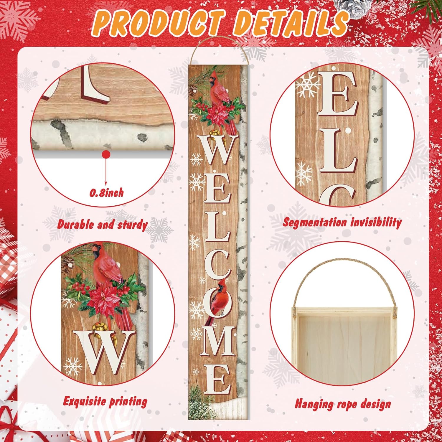 Menkxi Christmas Welcome Porch Sign Red Cardinal Front Door Standing Hanging Decorations Xmas Large Wooden Porch Signs for Winter Farmhouse Outdoor Home Decor, 8 x 47 Inch