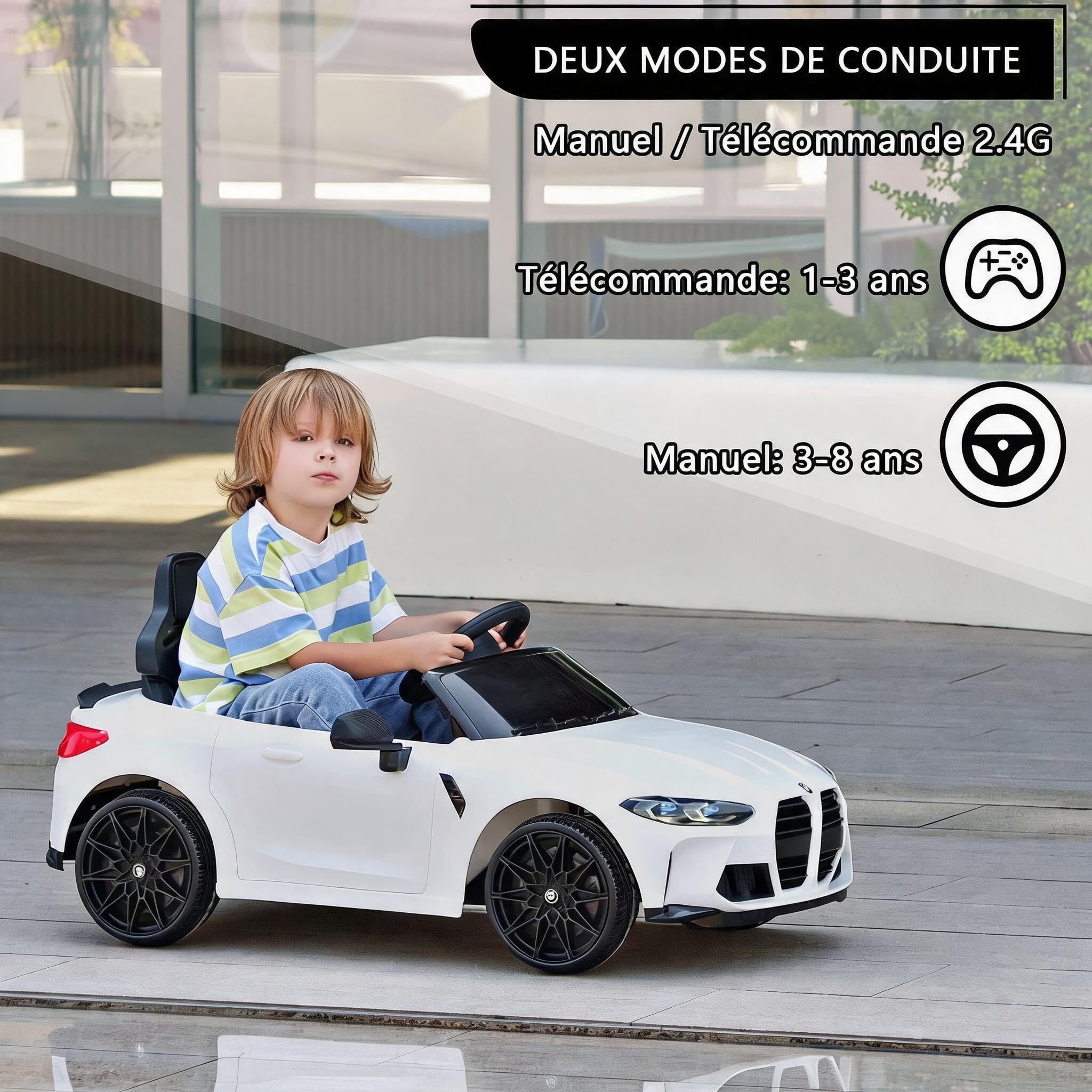 Voiture Électrique Enfant avec Télécommande Parentale, Véhicule Électrique avec Klaxon, Musique Et LED, Vitess 3-5 Km/h, Charge 30 kg, pour Enfants 3+ Ans, Blanc