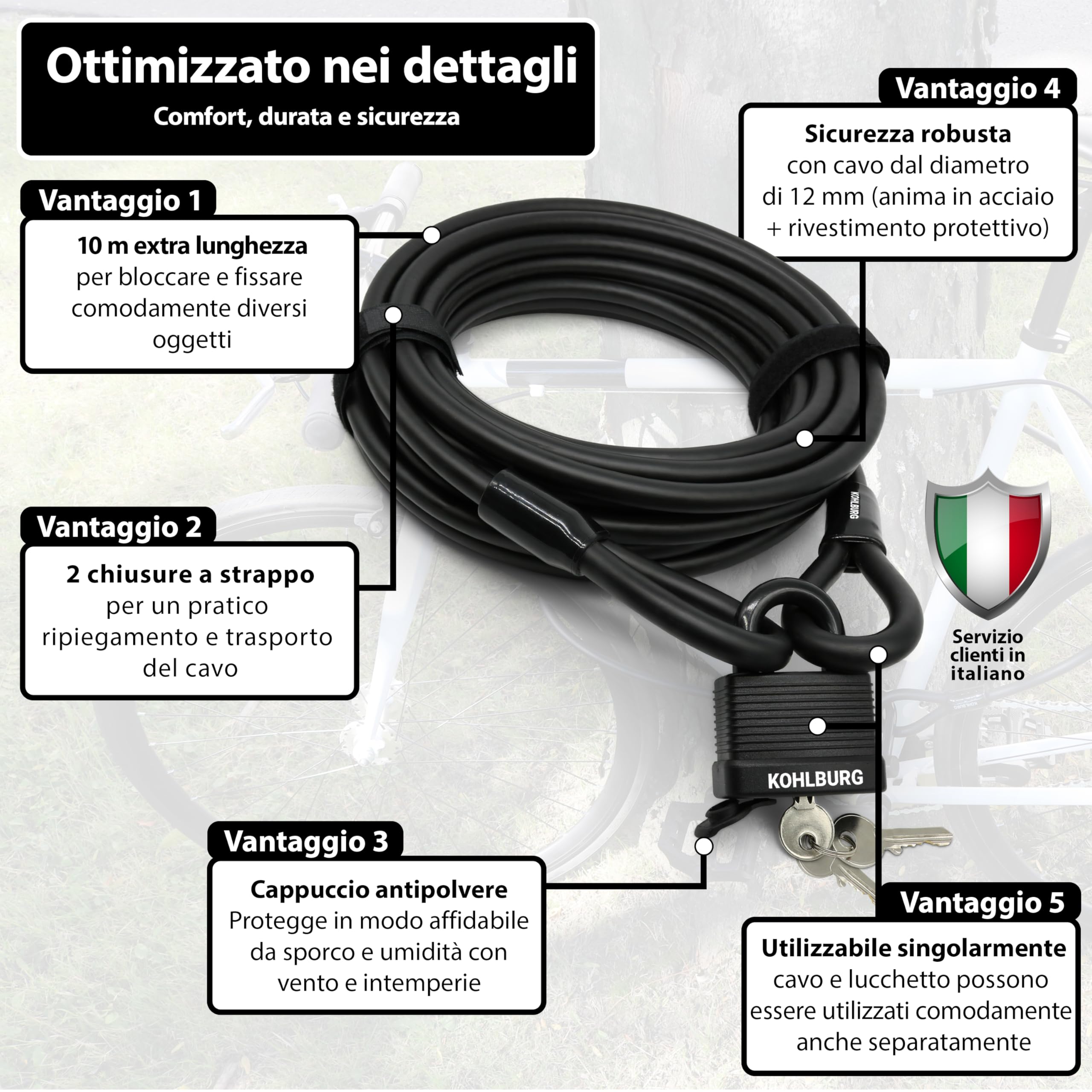 KOHLBURG cavo antifurto da 10 metri – lucchetto per bicicletta con 3 chiavi – chiusura a pressione – cavo in acciaio da 10 m come antifurto per bici, rimorchi, passeggini e mobili da giardino