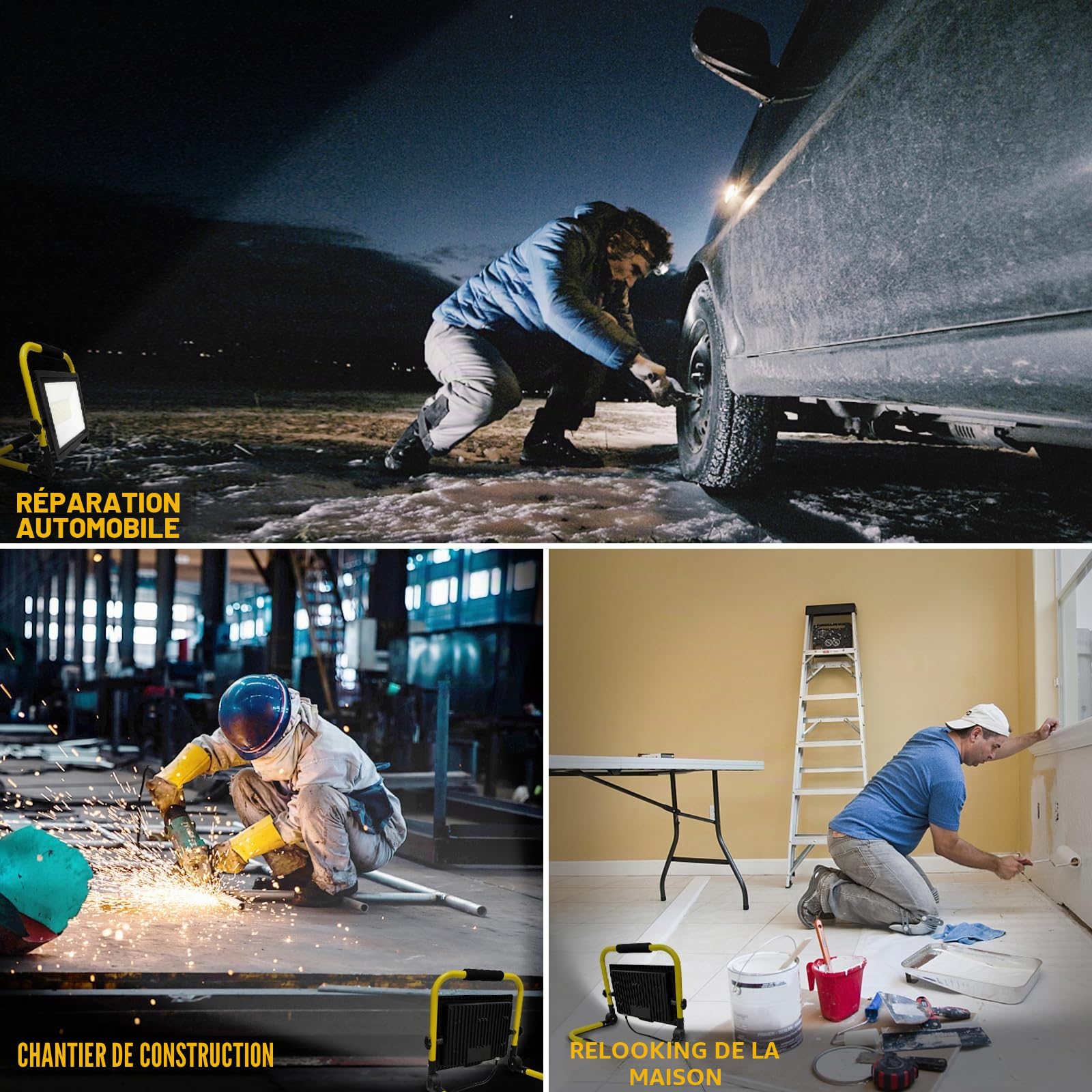 SKYWORLD 150W Projecteur de Chantier LED, 15000LM Lampe Chantier avec Prise | Pliable Portable Projecteur Led, Phare de Travail Led pour Travaux Atelier Garage Terrasse Jardin, Etanche IP66 6000K Blanc
