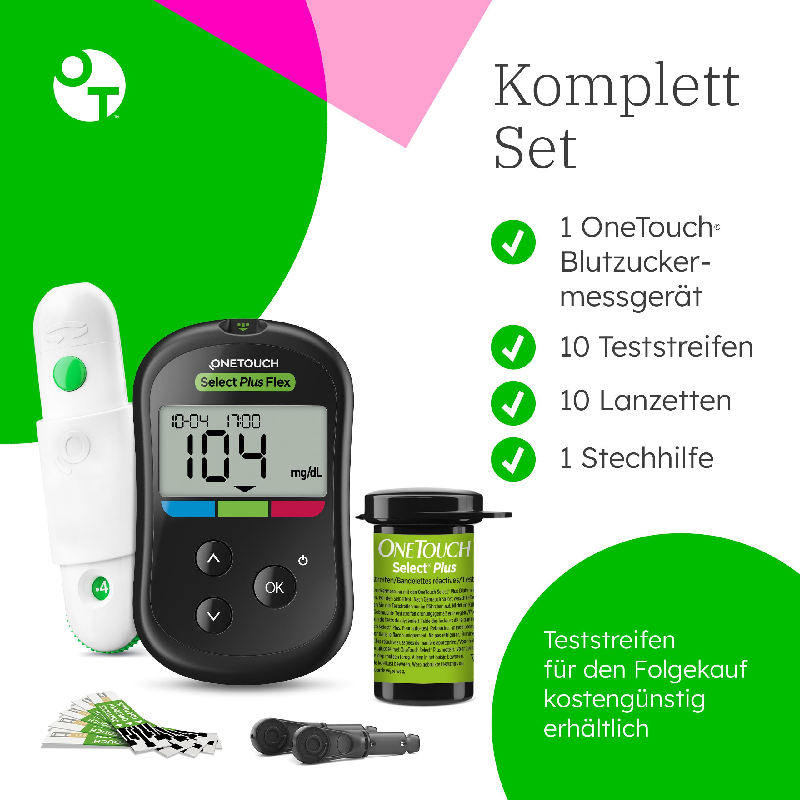 OneTouch Select Plus Flex® Blutzuckermessgerät (mg/dL) | 1 Messgerät, 10 Teststreifen, 1 Stechhilfe, 10 Lanzetten & 1 Etui