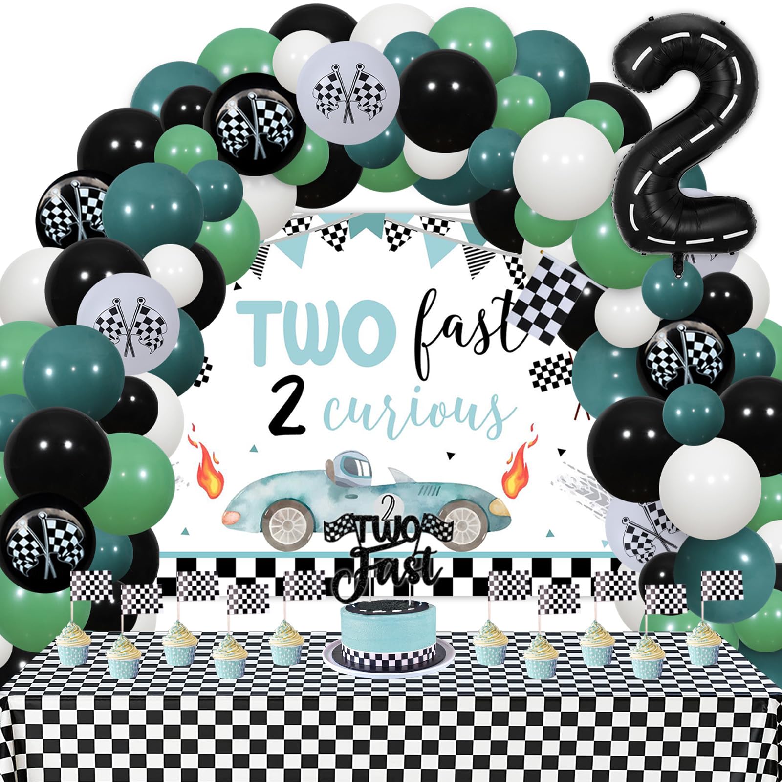 kreat4joy Two Fast Two Curious Birthday Decorations, Race Car 2nd Birthday Decorations, Vintage Balloons Arch Backdrop Table Cloth Number 2 Foil
