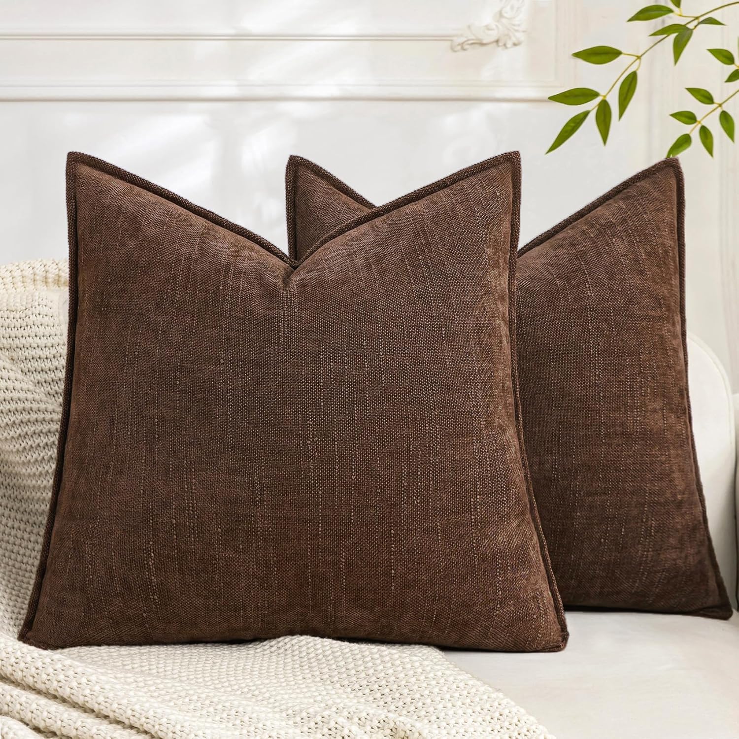 Set of 2 Soft Textured Decorative Throw Pillow Covers 18x18 Inch Cozy Farmhouse Cushion Cover Square Accent Pillow Cases for Bed Couch Sofa Living Room, Dark Brown