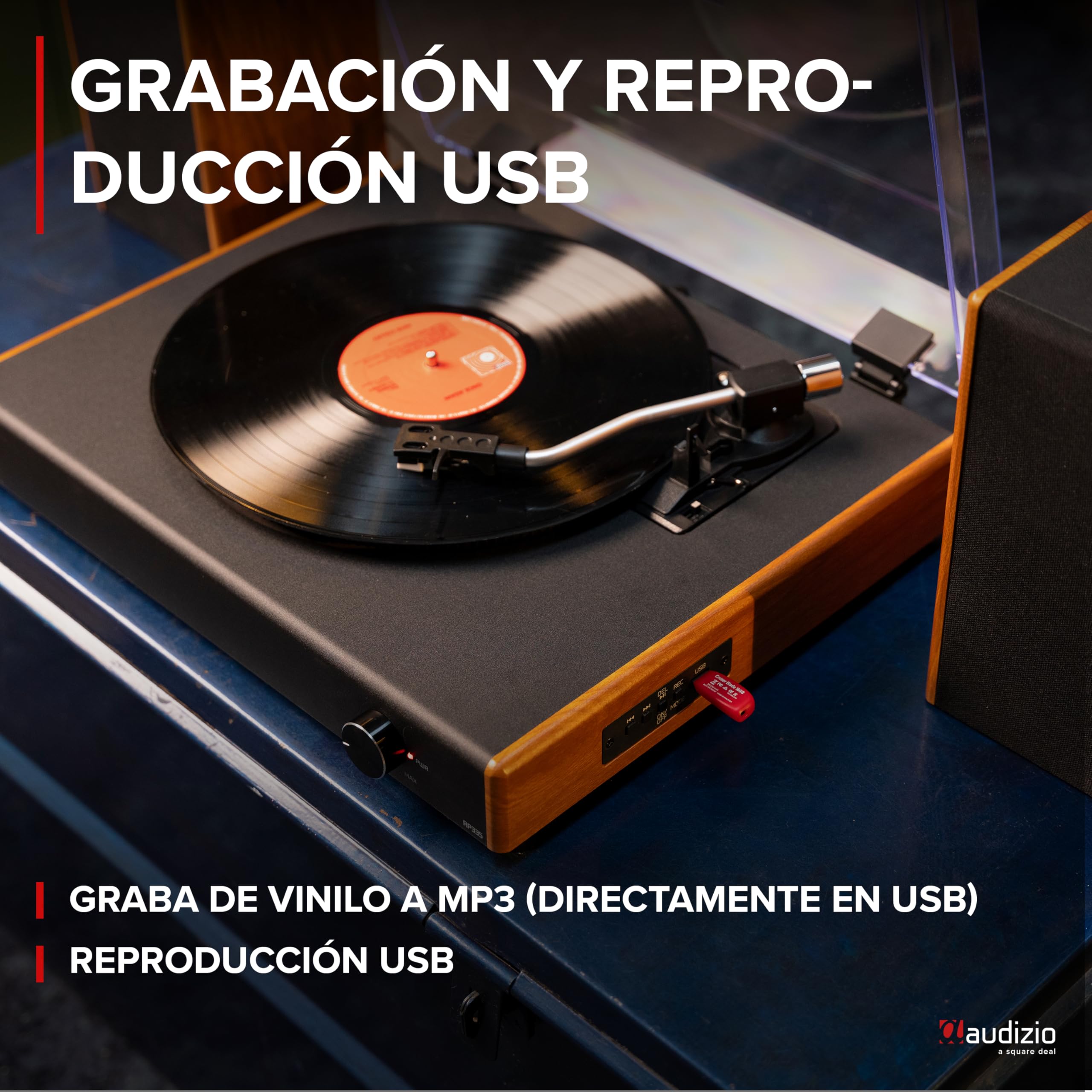 Audizio RP335 Tocadiscos de Estilo Retro con Altavoces estéreo de 40W, tracción a Correa y 3 velocidades, Reproductor de Vinilo con conversor de USB a MP3, Receptor Bluetooth, Acabado Estilo Madera