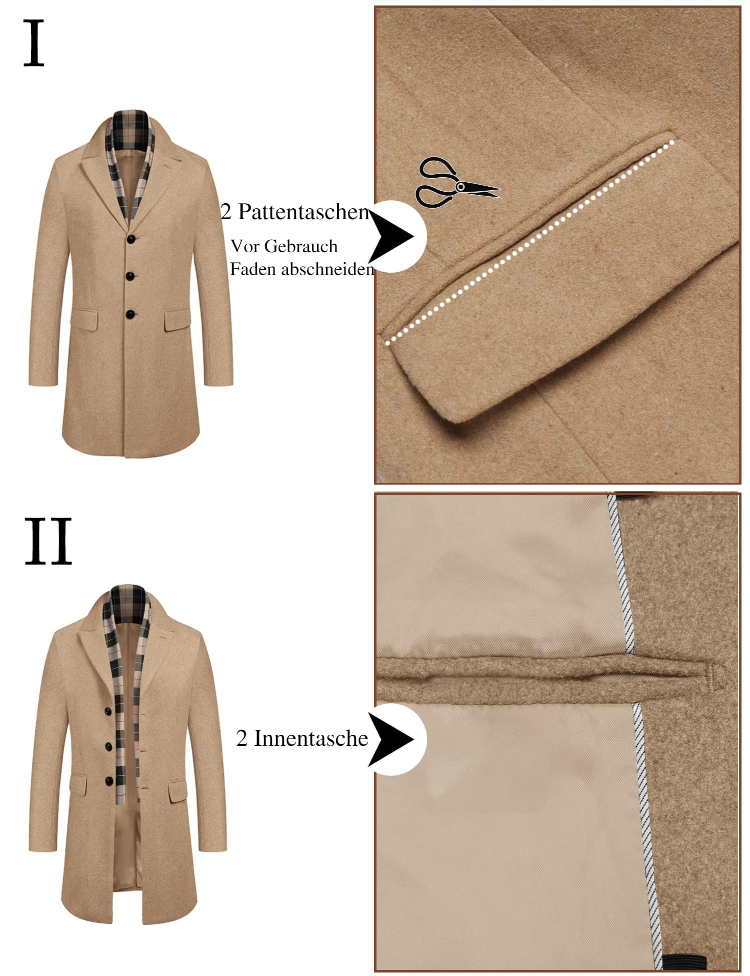 COOFANDY Herren Mantel Wintermantel Slim Fit Business Winterjacke Warmer Trenchcoat Jacken Herrenmantel mit Abnehmbaren Karierten Schals