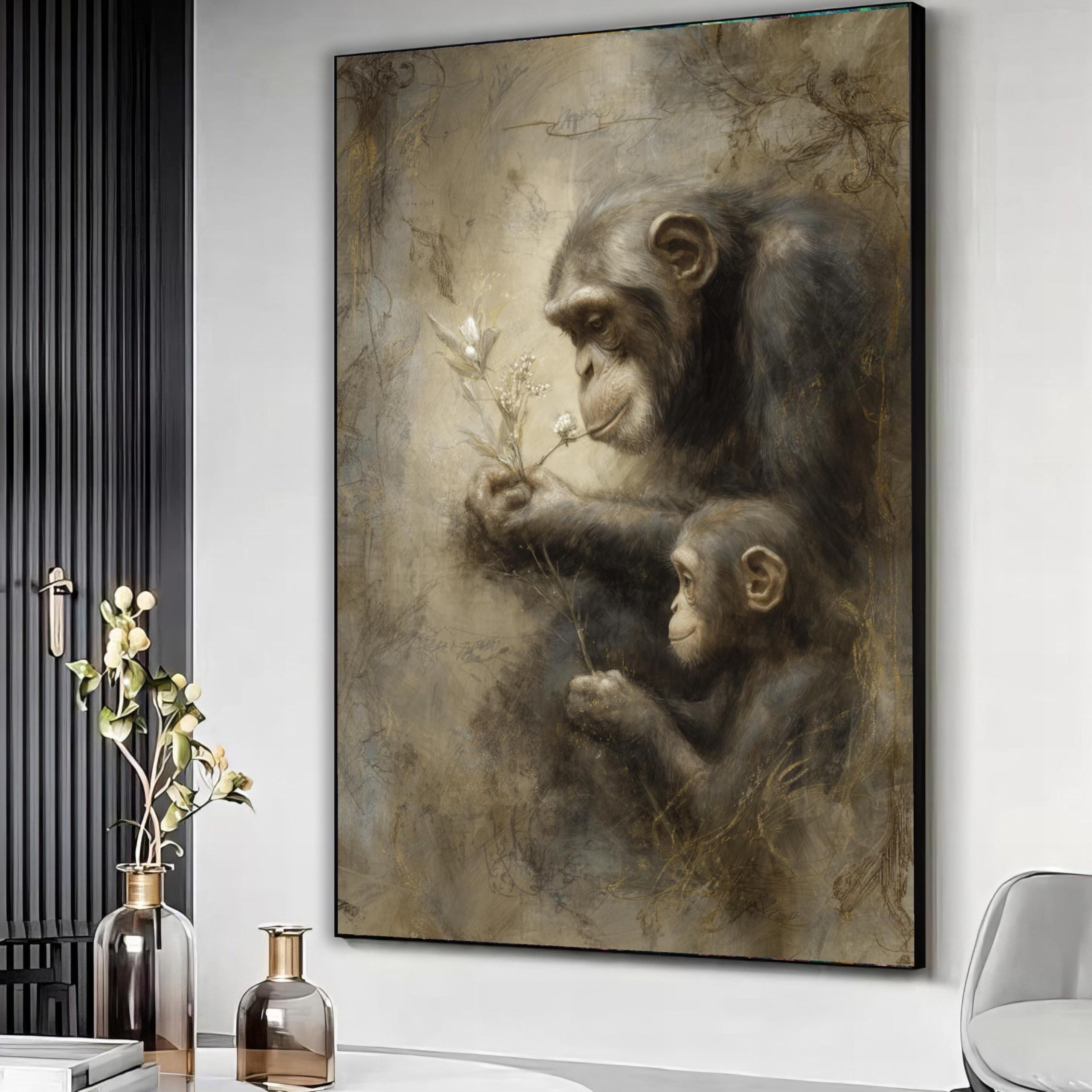 XBTYKPB Vintage Chimpanzee Family Canvas, Mother and Baby Monkey Wall Art, Nature Wildlife Illustration,Animal Love Canvas Decor(70x100cm/Frameless)