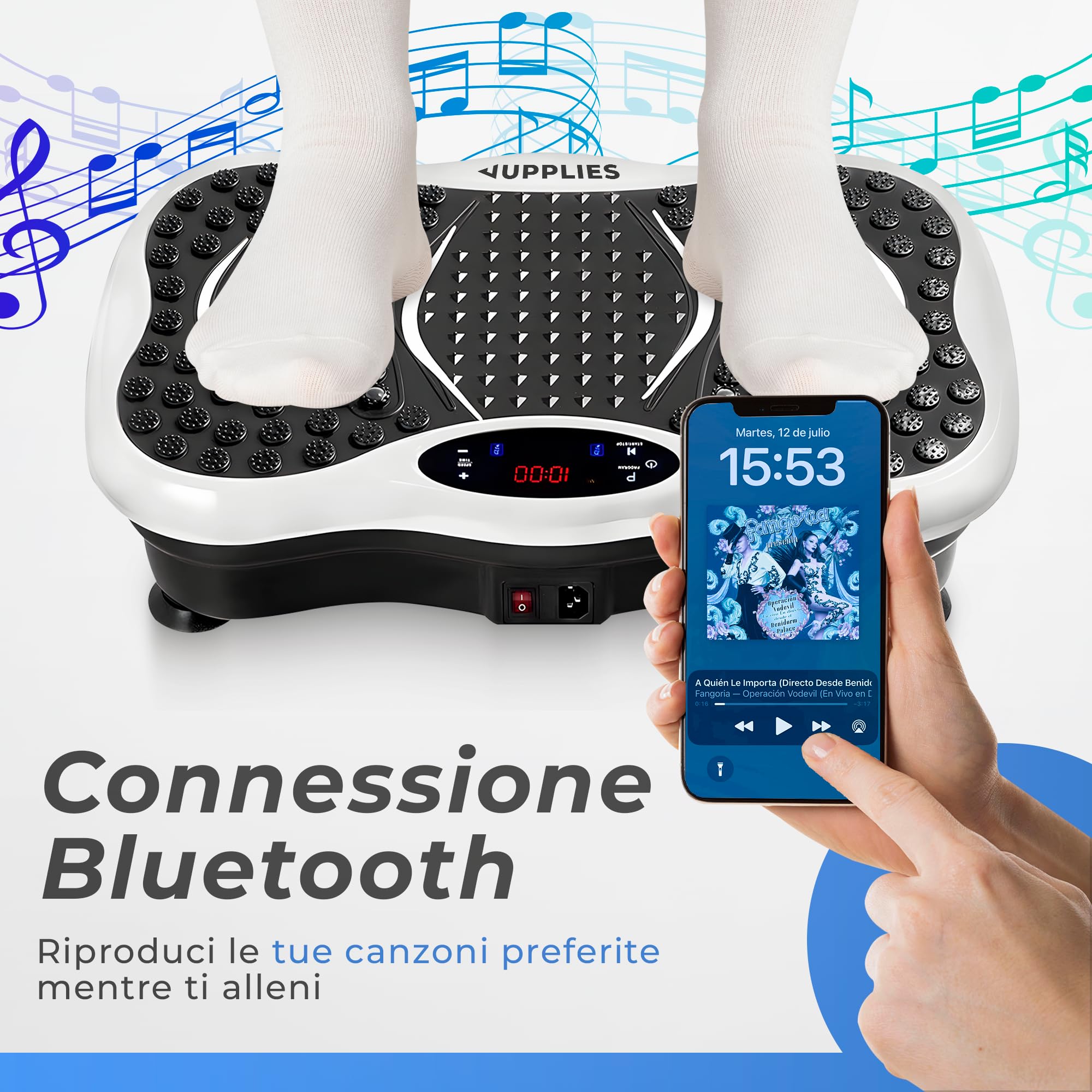 JUPPLIES Pedana Vibrante Dimagrante con 5 Programmi Automatici, 5 Bande Elastiche e Bluetooth – Piastra Vibrante Fitness per Allenamento, Recupero Muscolare e Circolazione Gambe