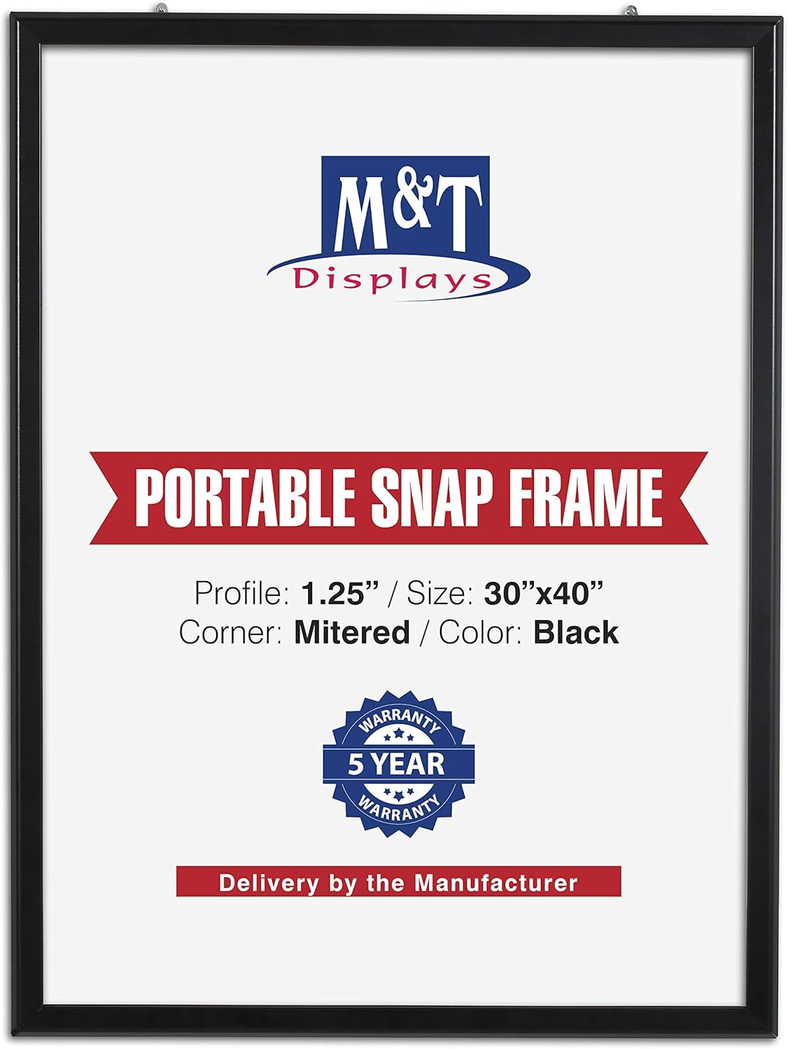 M&T Displays Portable Snap Poster Frame 30x40 Inch Black 1.25 Aluminum Profile Front Loading Wall Mounting Photo Picture Document Certificate Sign Holder Mitered Corner Anti Glare Cover