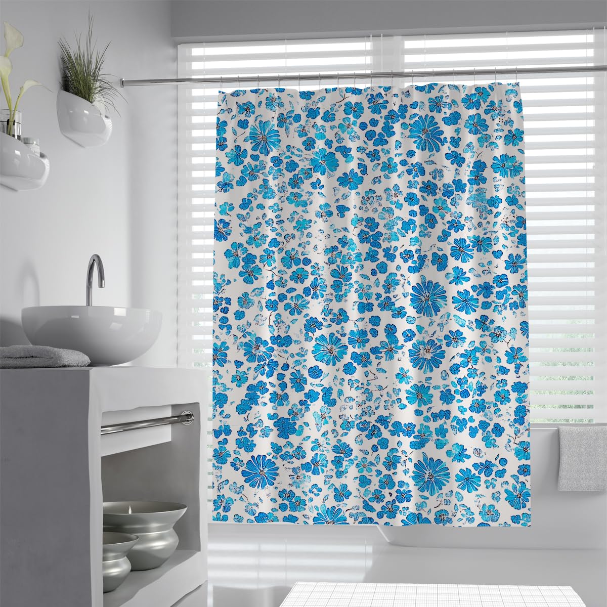 UIRINGART Retro Blue Floral Shower Curtain W200xL220cm Cute Daisy Pattern White Background Mildew Resistant Water Repellent Shower Screen With Hooks