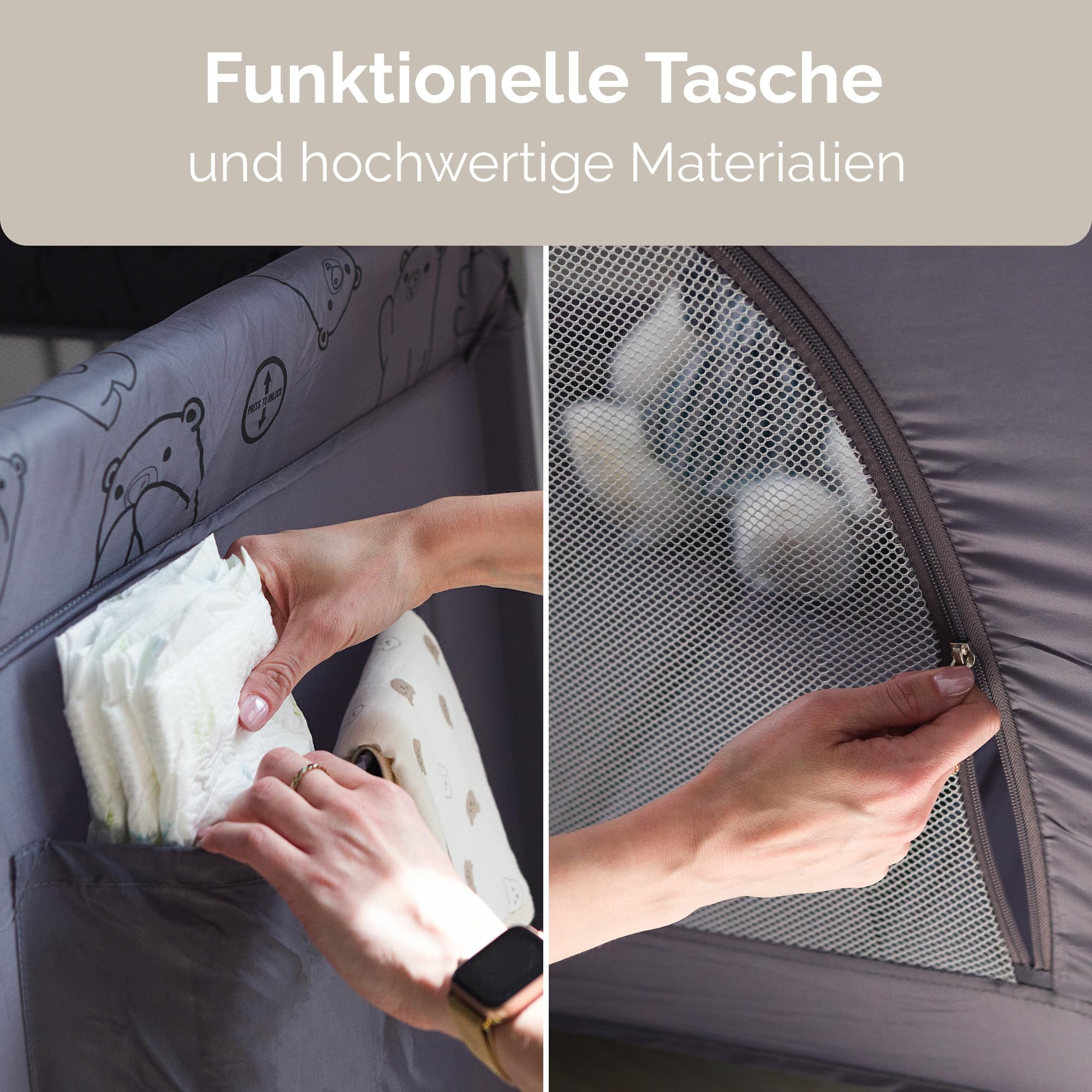 Grotta Reisebett Baby mit Matratze klappbares Babybett Kinderreisebett mit Seiteneinstieg Netzseiten 2 Rollen mit Bremse Tragetasche für Reise und Zuhause Dunkelgrau