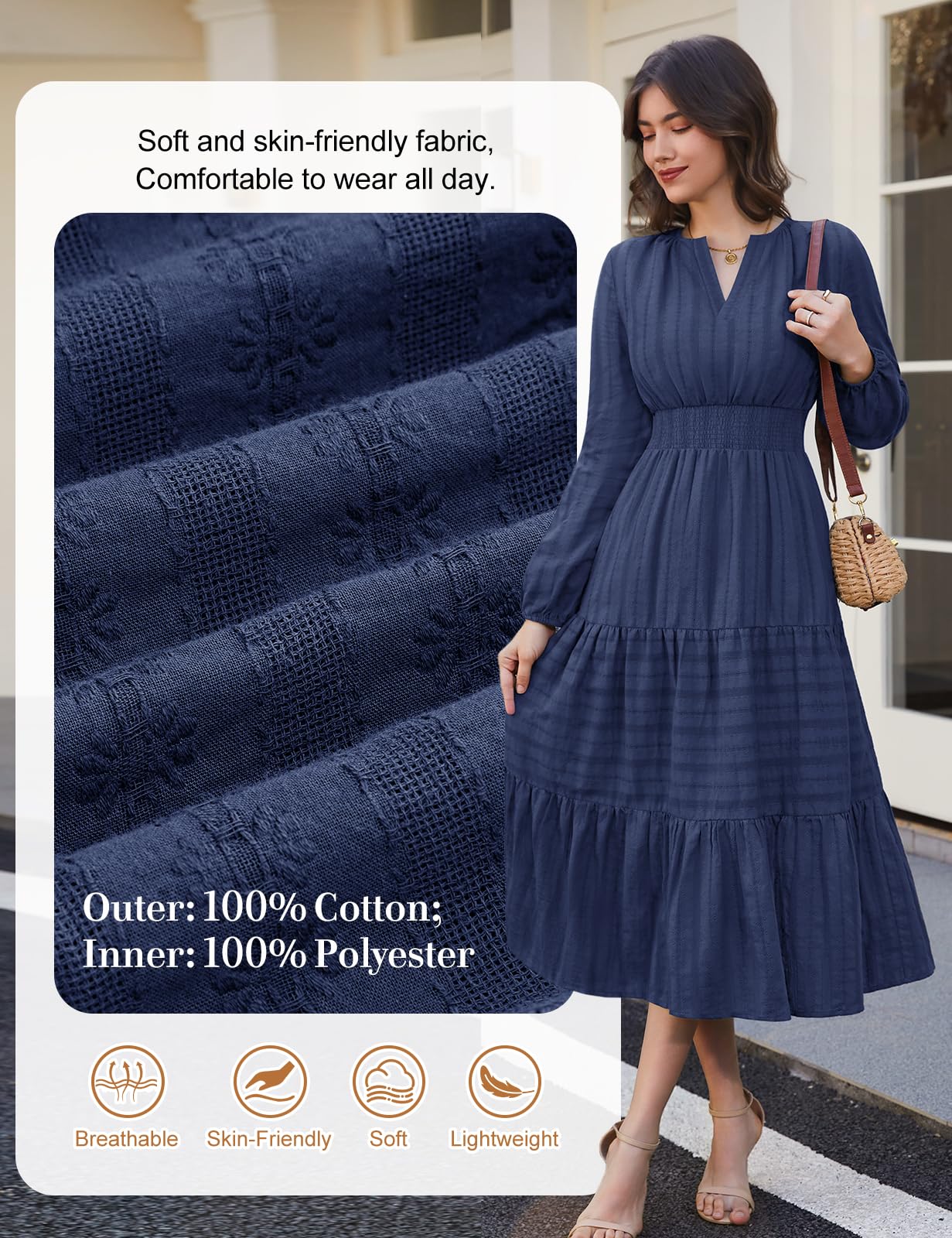 Damen Kleid Langarm V-Ausschnitt Herbst