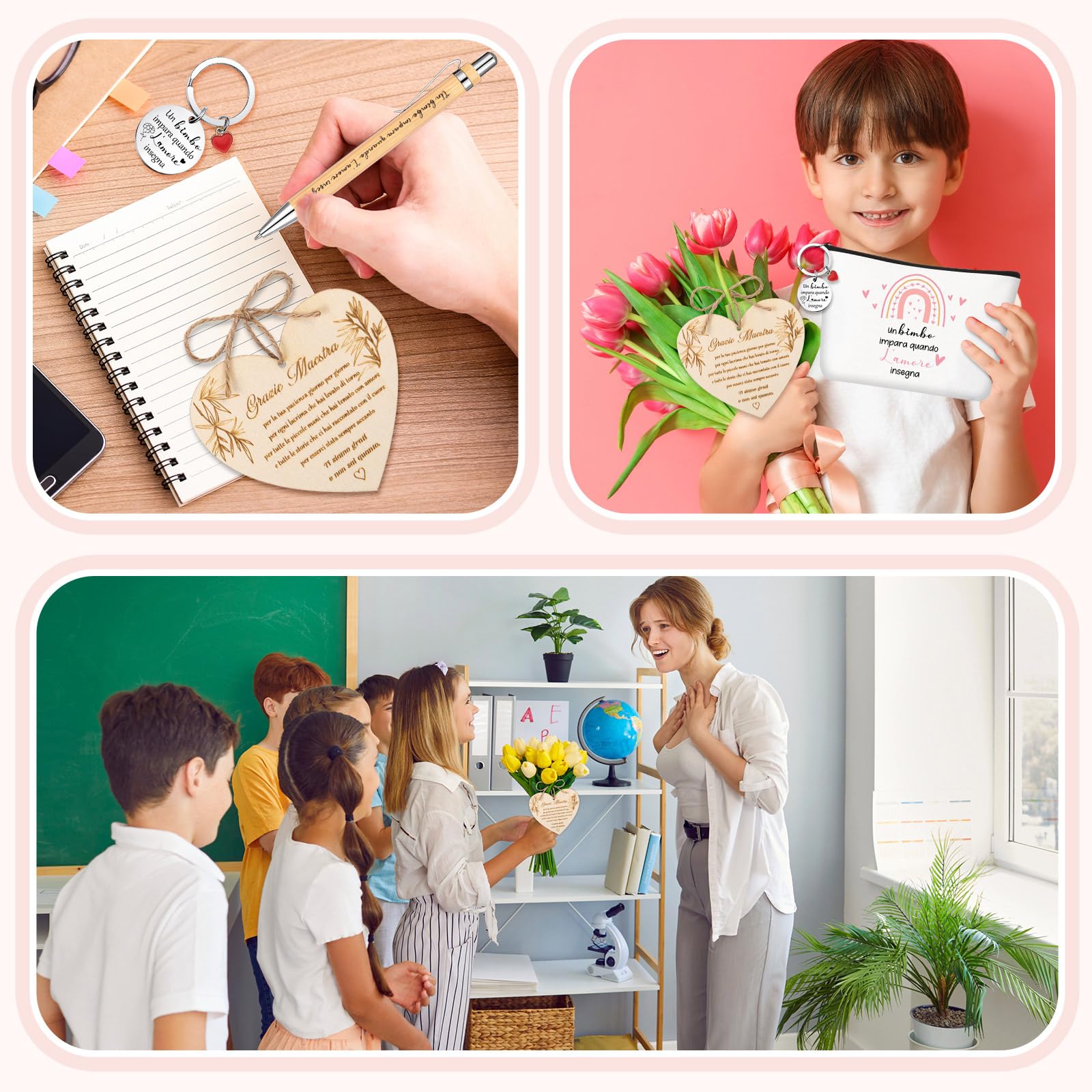 Jadive Set Regalo Maestra Fine Anno Borsa per Cosmetici Portachiavi Biglietto di Ringraziamento a Forma di Cuore in Legno Penna a Sfera in Legno Regalo Creativo Addio per Insegnante