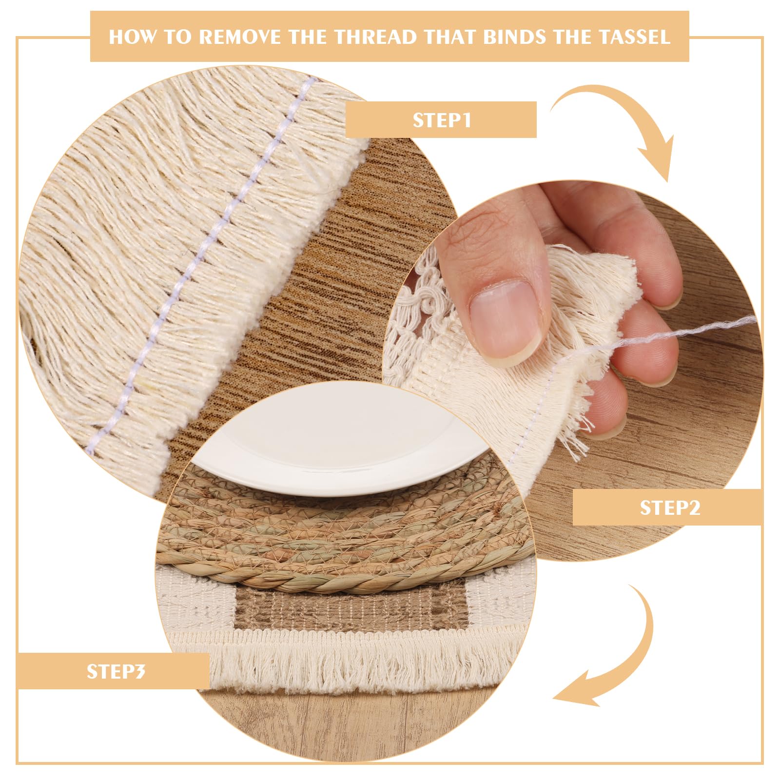 Juego de 4 manteles individuales bohemios hechos a mano para cocina, mesa de comedor, centro de mesa, decoración de centro de mesa, arpillera de algodón natural y paja de agua (juego de 4 manteles