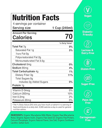 Lechia Leche de macadamia orgánica sin azúcar, 1200 mg Omega-3, sin lácteos, sin lactosa, vegana, a base de plantas, sin gluten, sin soja, Kosher,