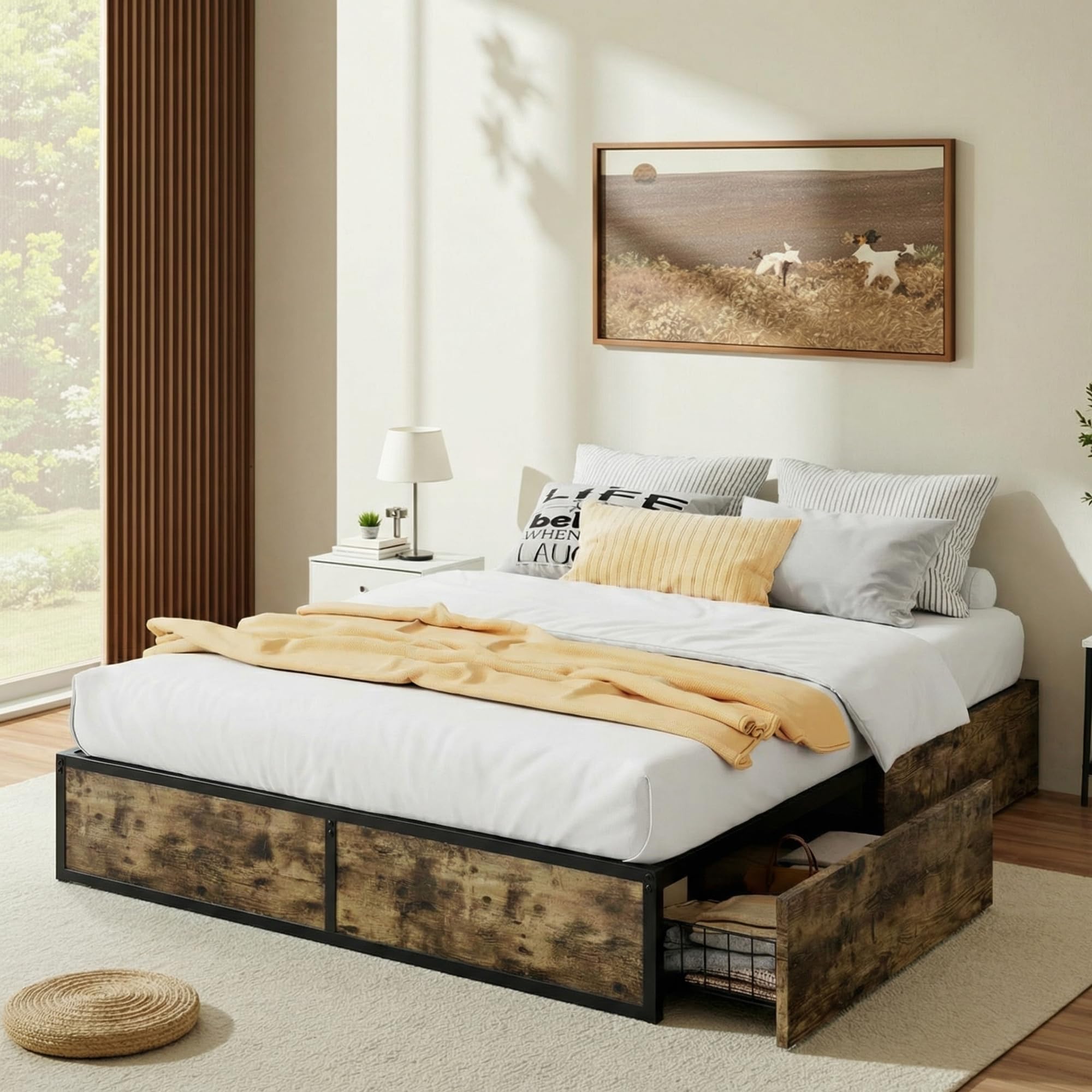 Allewie Queen Size Metal Bed Frame with 2 Storage Drawers, Heavy-Duty Steel Frame with MDF Wood Panels, Flexible Drawer Placement, Easy Assembly,