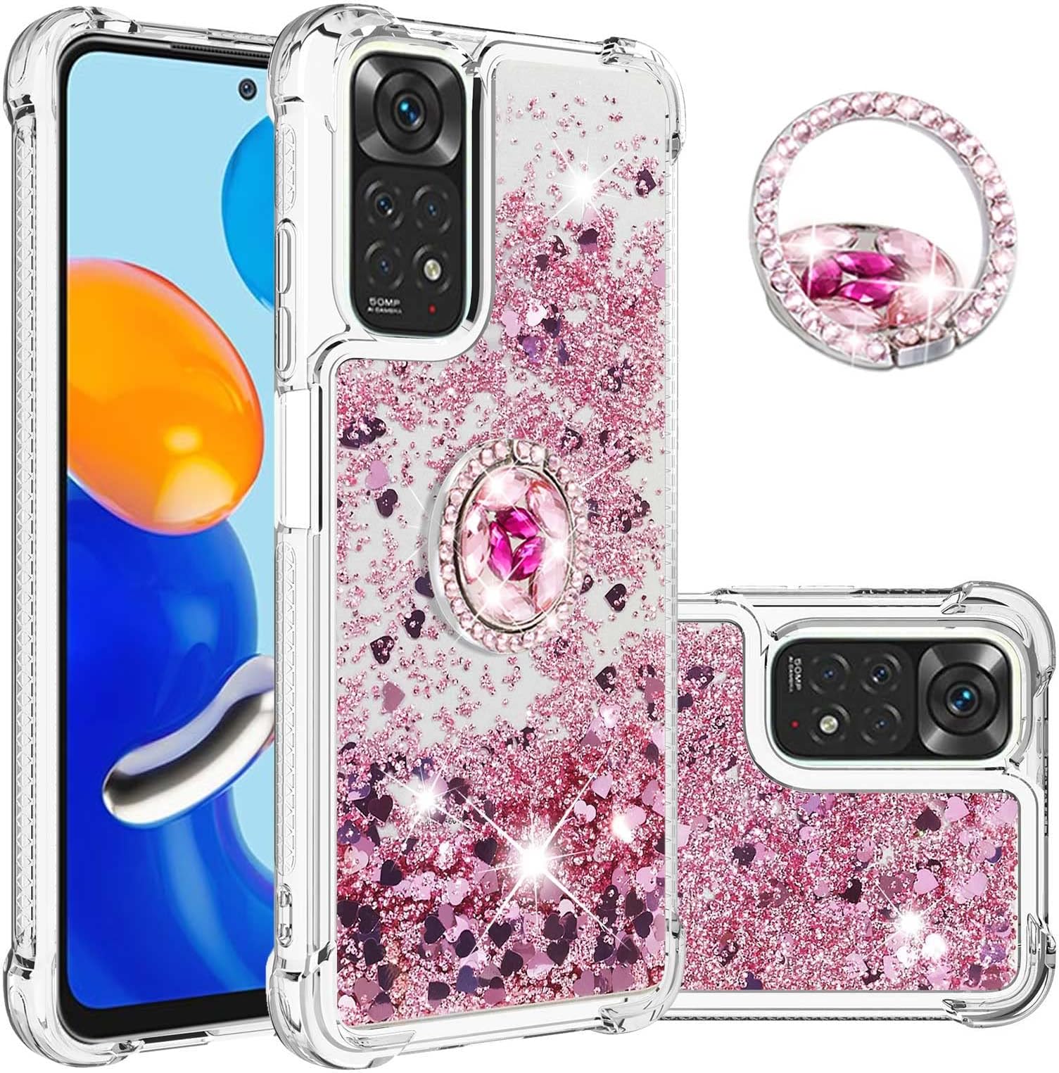CCSmall for Xiaomi Redmi Note 11 4G Clear Glitter Case with Diamond Ring Holder for Women, Soft TPU Bling Liquid Quicksand Sparkly Transparent Cover for Redmi Note 11 4G/Note 11S 4G LSZ Rose Gold