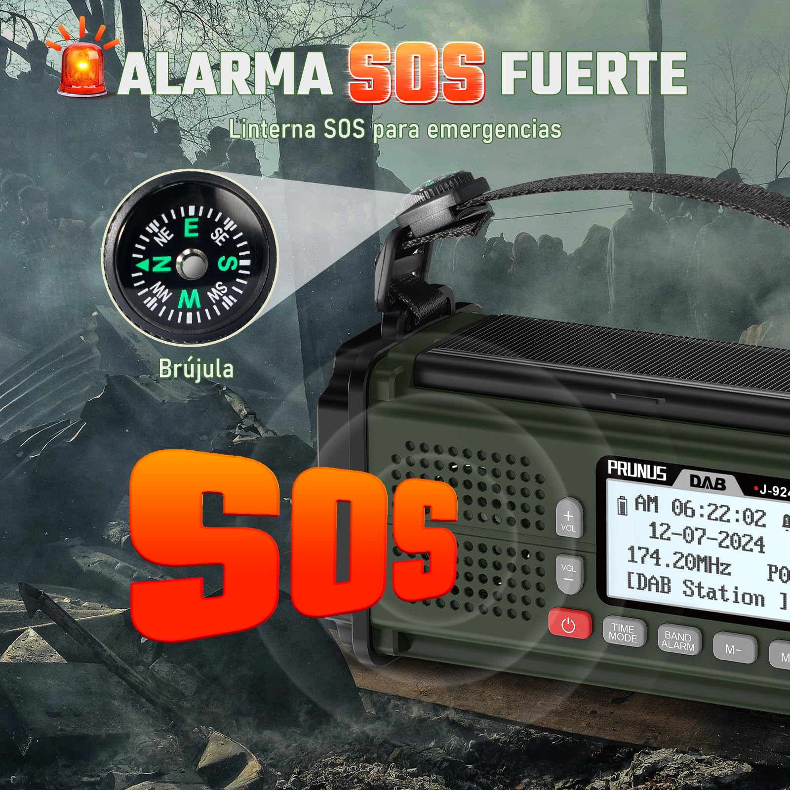 PRUNUS J-924 Dab/UKW Radio Solar y a Pilas, Radio Emergencia con Manivela | Radio Digital con Función de Preselección, Radio Portatil Pequeña Recargable con Banco de Energía de 10000 mAh, con Linterna