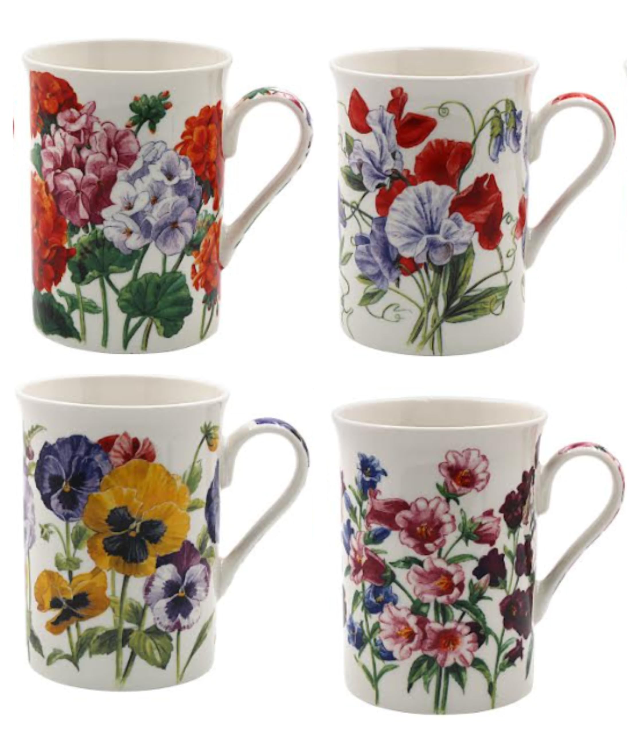 Tamersgifts Fine China Floral Mugs, Set of 4, 300ml Capacity, 10cm Height, Traditional Design, Dishwasher Safe (4 Assorted Flower Mugs)