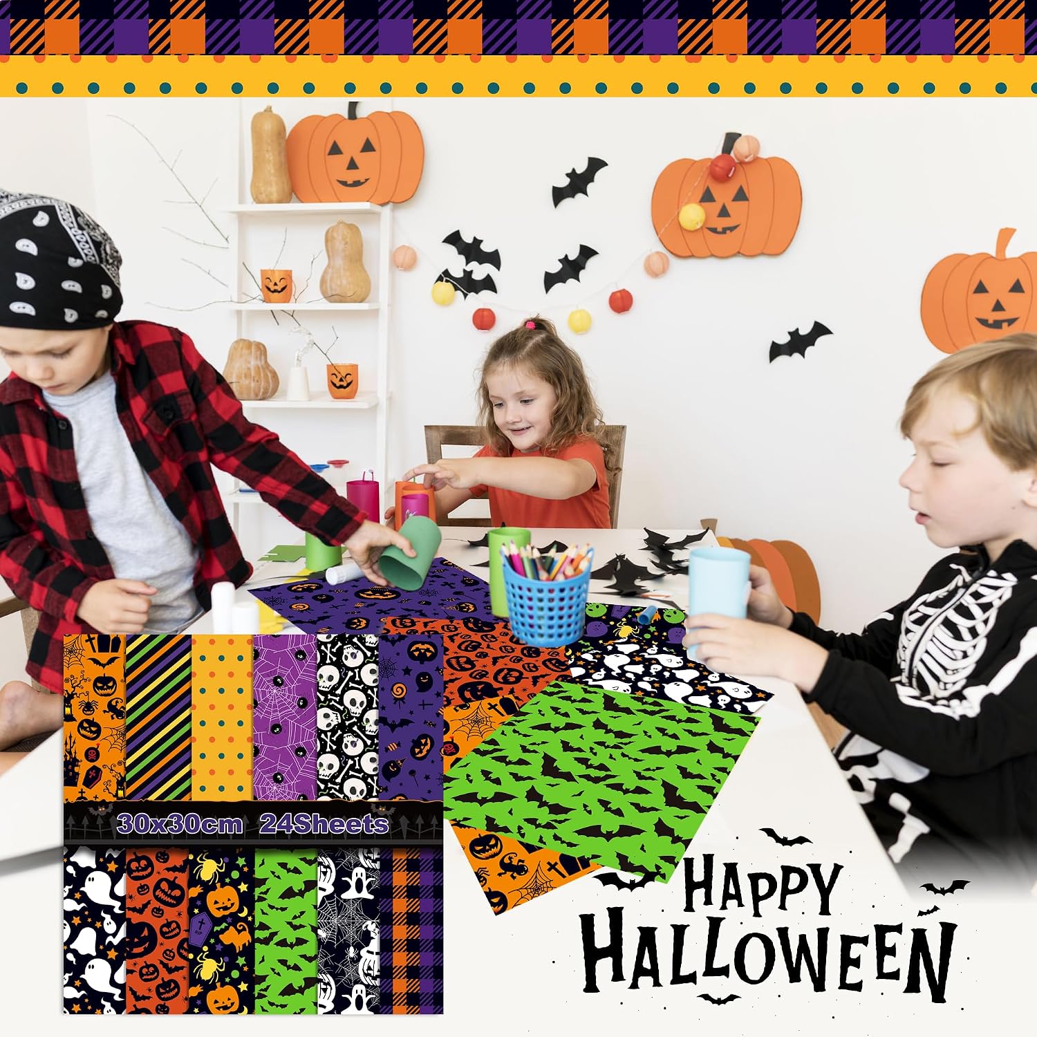Scrapbook Paper Halloween Pattern Set, Double - Sided 12" Decorative Craft Purple Origami Paper Patterned for Kids DIY Cardmaking, 12 Designs - 24 Sheets (A-style)