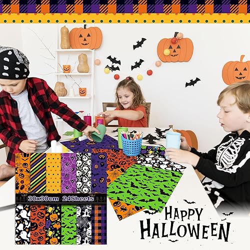 Miniatura 5 de Juego de papel de recortes de papel con patrón de Halloween, papel decorativo de doble cara de 12 pulgadas, papel de origami morado para niños, 12