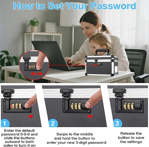 Miniatura 8 de Caja de almacenamiento con cerradura de 11 x 7 x 8.3 pulgadas con cerradura de combinación, caja fuerte portátil para documentos, medicamentos,