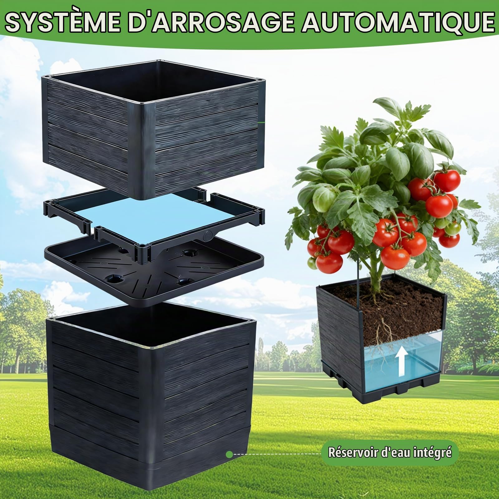 BRGD Lot de 2 Jardinière Surélevée avec Treillis, Arrosage Automatique Jardiniere Tomate pour Culture de Concombres, Haricots, Roses et Pétunias