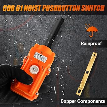 2 Ways Hoist Crane Push Button Switch Rainproof COB-61, 250V, 5 Amp, 500V, 2 Amp, Orange Up Down Switch with Rubber Cable Barrel