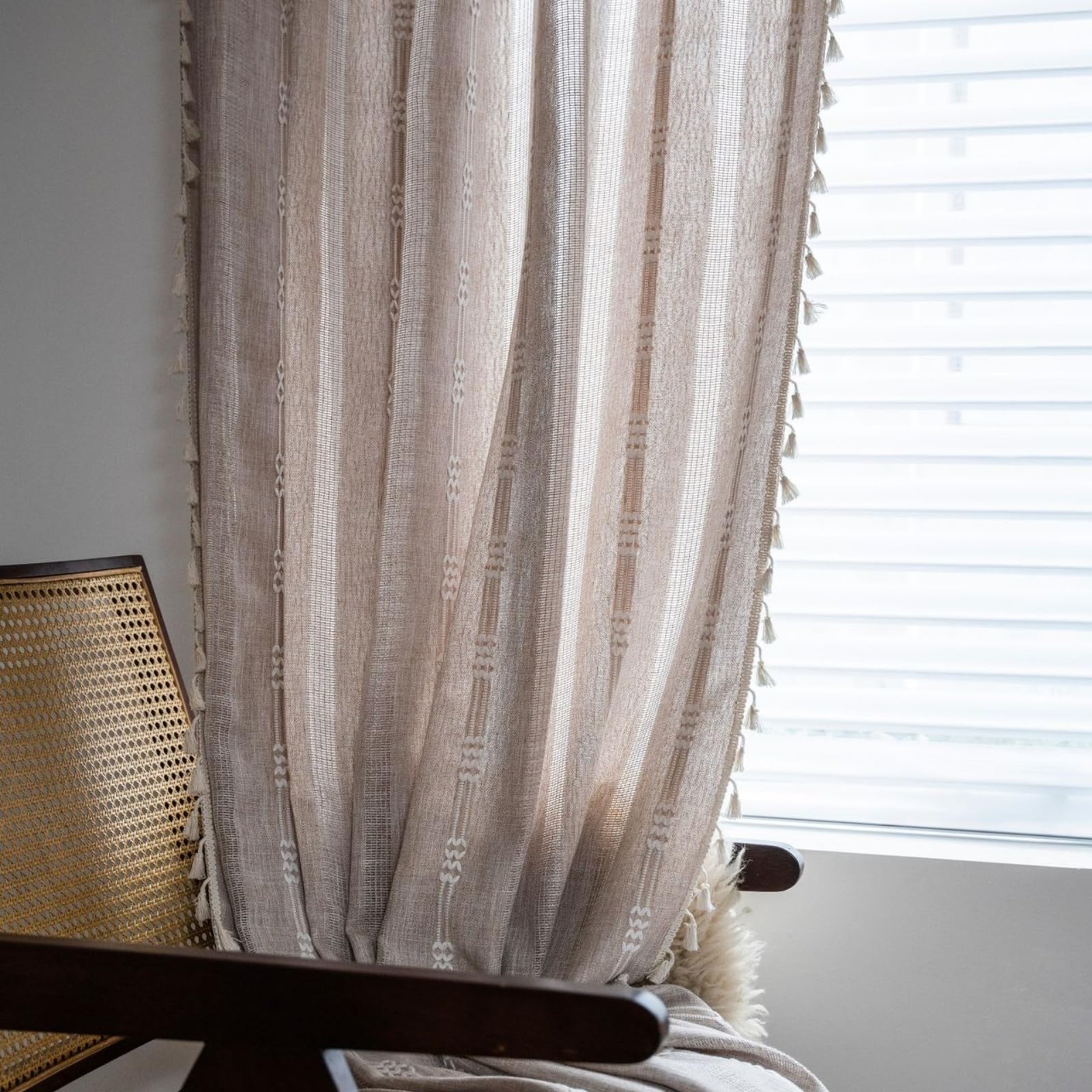 USTIDE Boho Curtains for Bedroom & Living Room, 84" Long Semi-Blackout Farmhouse Embroidery Curtains, 1 Panel Set - Image 3