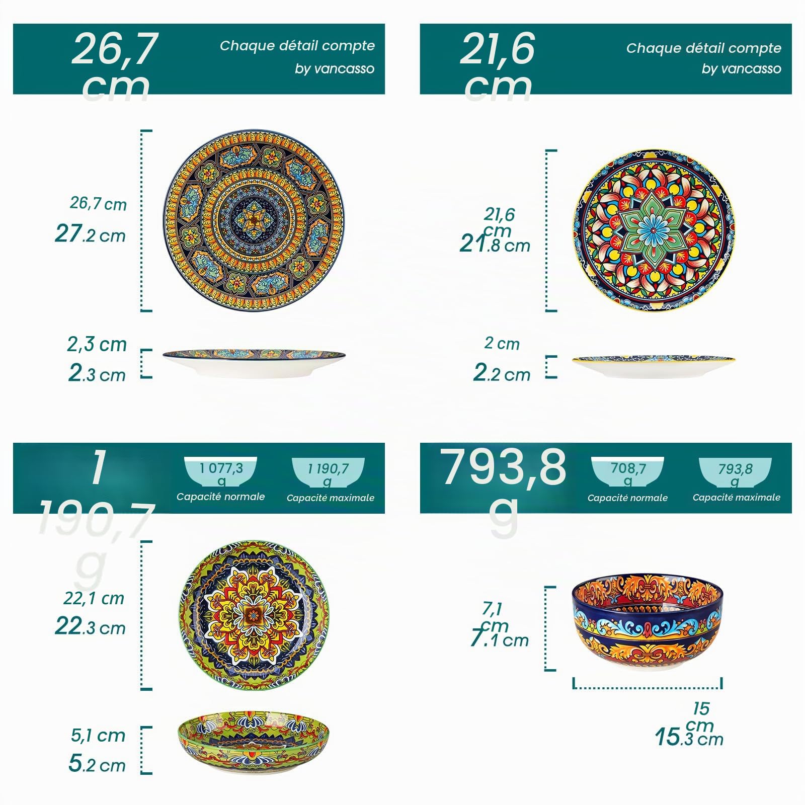 Service de Vaisselle 6 Personnes en Céramique, vancasso KRVI 24 Pièces Porcelaine Moderne, Service de Table Style Bohémien, Ensemble Assiettes et Bols, Service Combiné Coloré