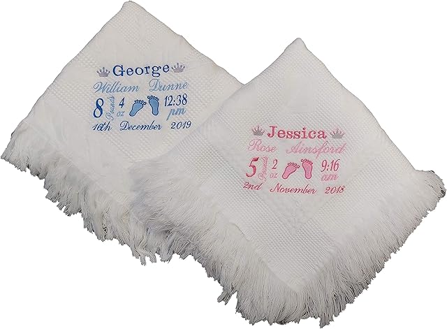 Personalised Baby Birth White Gift Shawl Blanket with Footprints, Crown and Birth Details