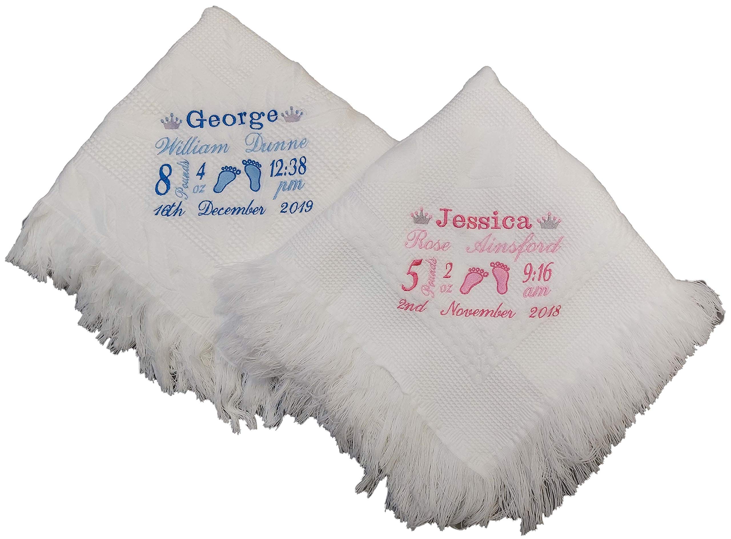 Personalised Baby Birth White Gift Shawl Blanket with Footprints, Crown and Birth Details