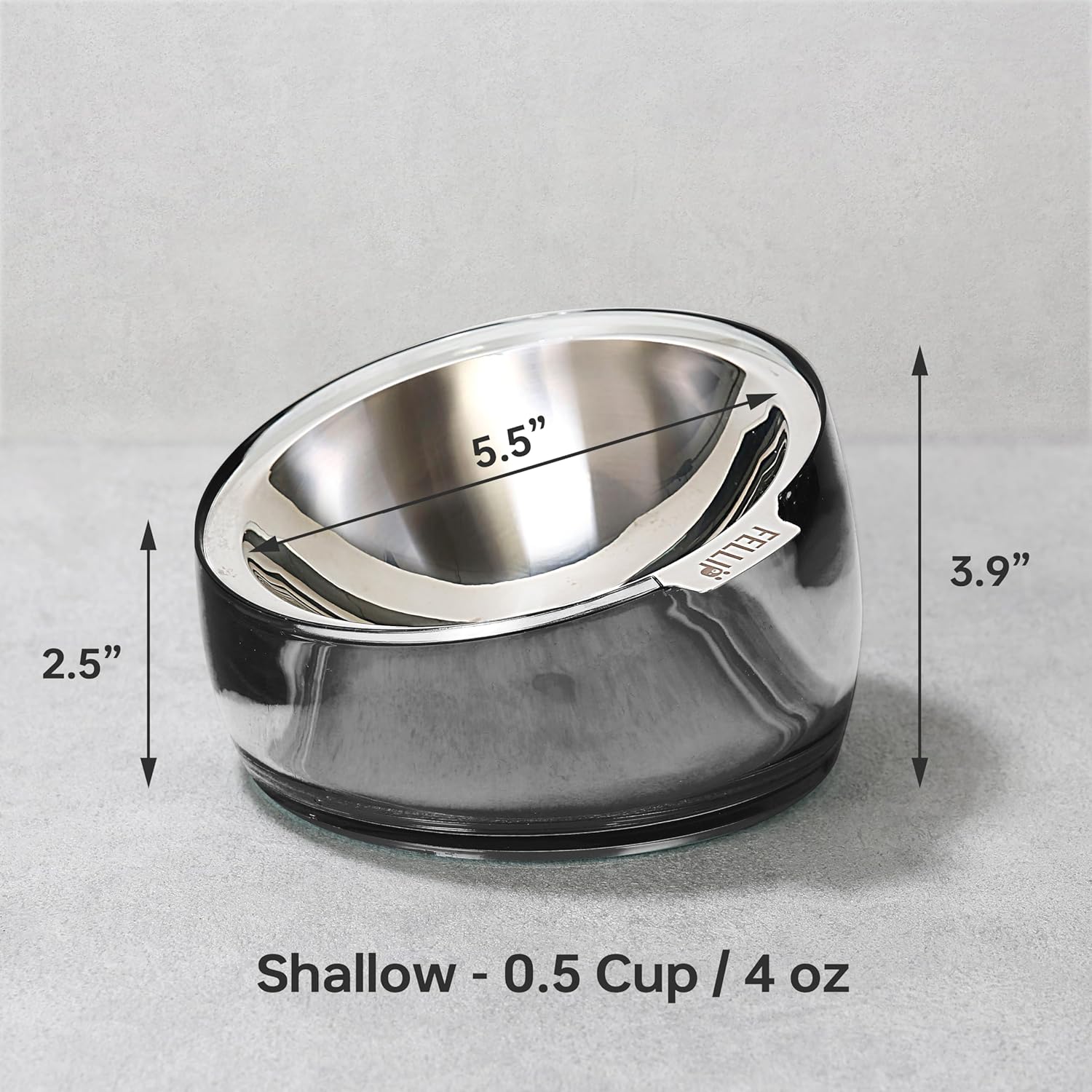 Felli Oblik Elevated Cat Bowl Removable Stainless Steel Wide Dish for Dry Wet Food Feeding & Dishwasher Clean, Slanted Whisker Fatigue Friendly Metal Plate (Smoky, 0.5 Cups Shallow Dish)