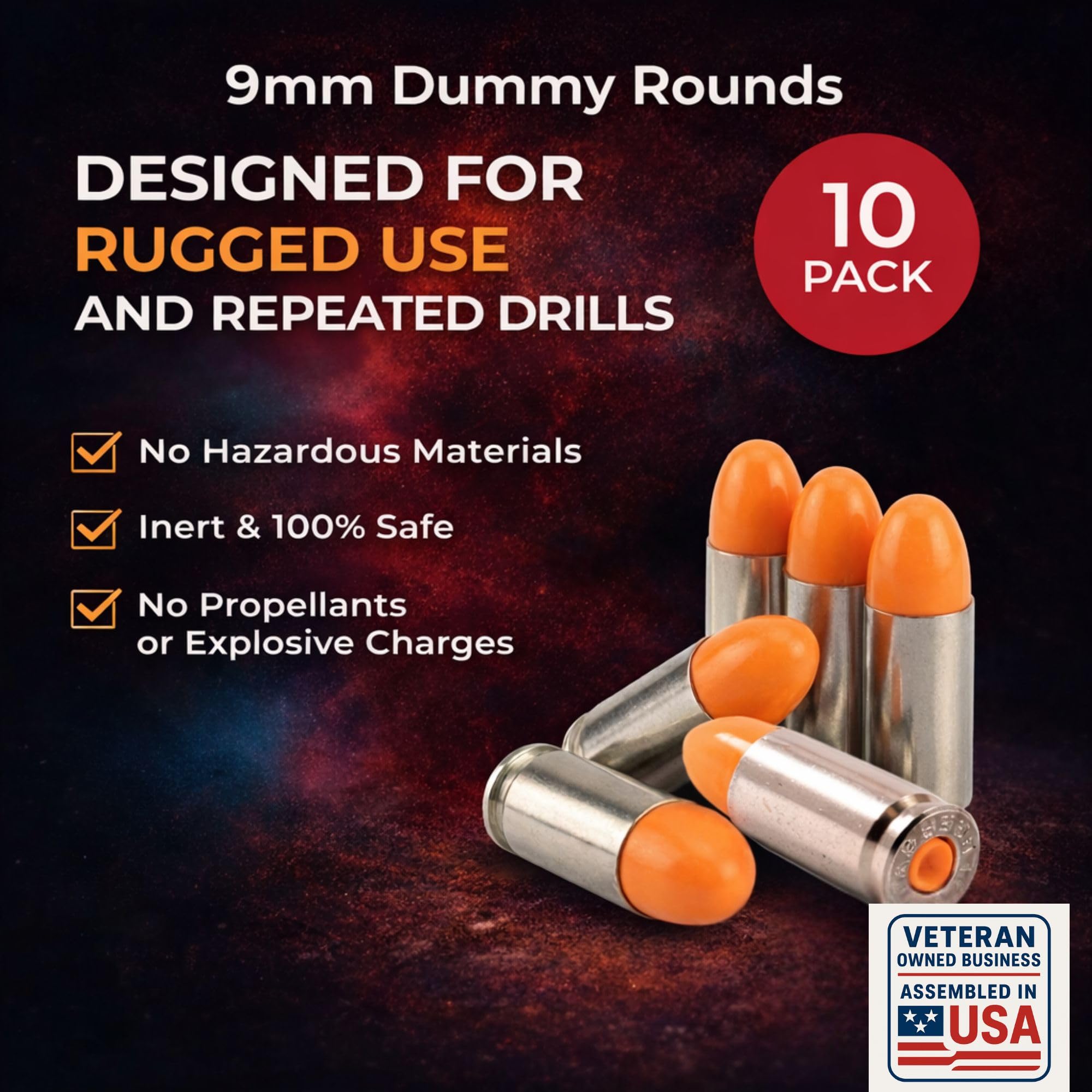 Ultimate Arms Gear ST Action Pro 10 Unidades Inerte 9 mm 9 x 19 mm Click OTAN Luger Pistola Naranja Seguridad Entrenador Cartucho Munición Maniquí Cáscara Redonda con Níquel Caso