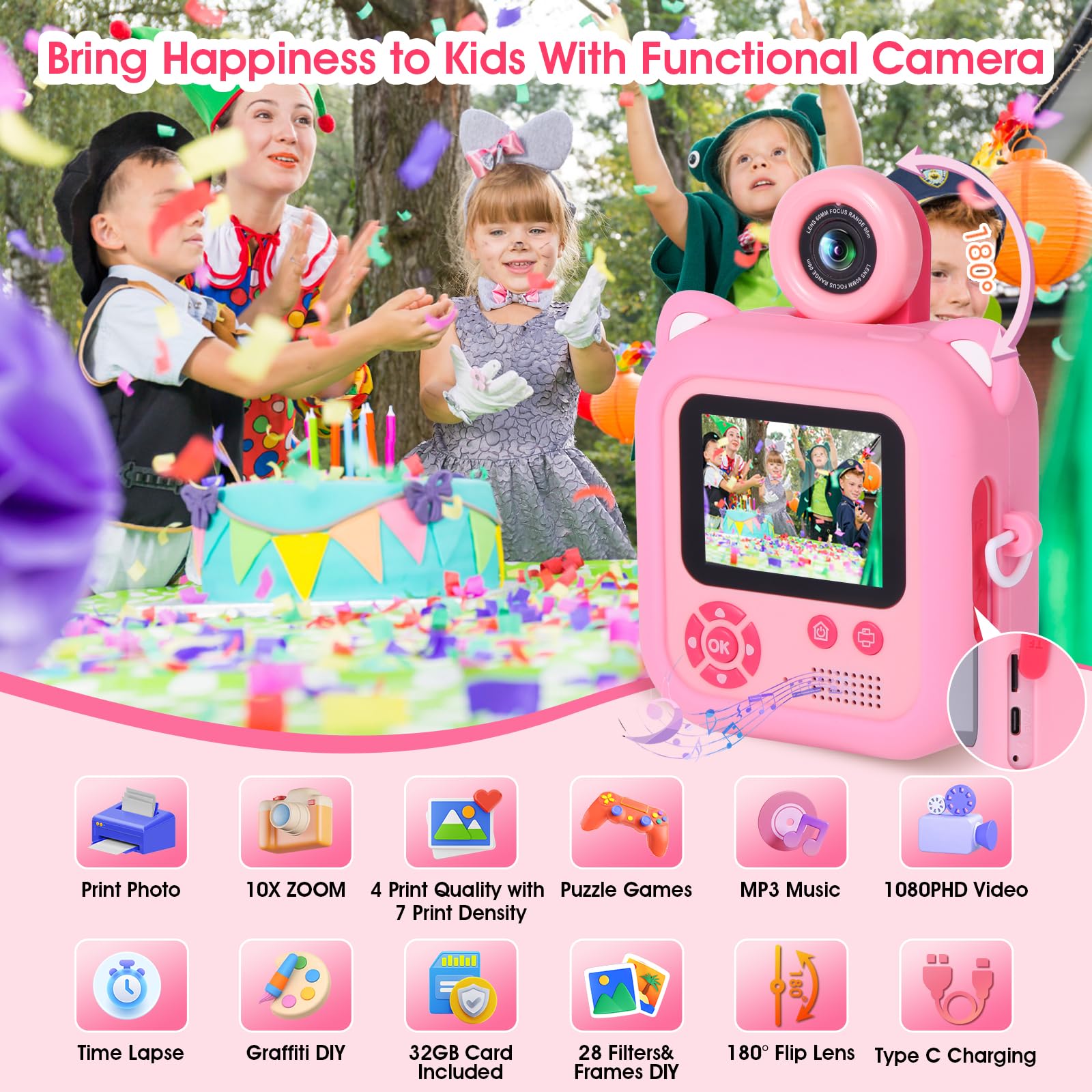 Macchina Fotografica Bambini Istantanea, ZUEOKAI 2,4" Fotocamera Istantanea Bambini con 180° Flip Obiettivo e 3 Stampa Carta, 32GB, Fotocamera con Silicone Custodia, Regalo Bambina Bambino 3-10