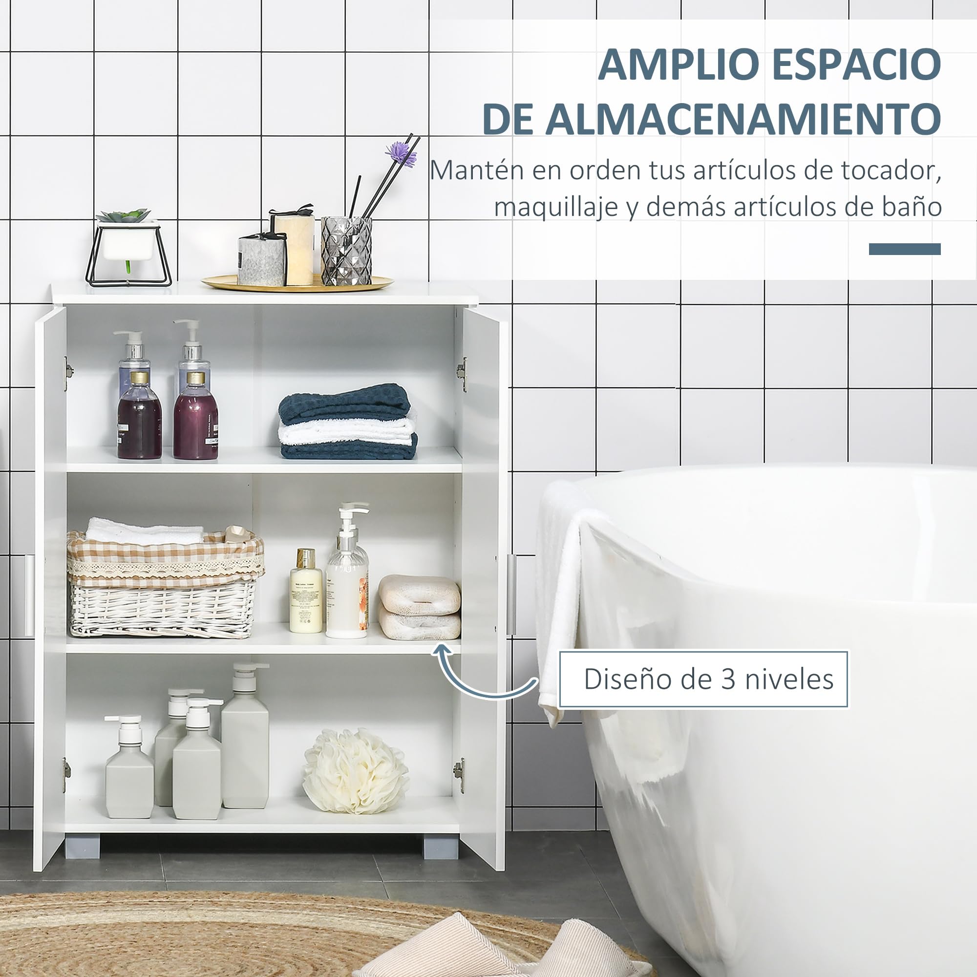 kleankin Armario de Baño 2 Puertas, Mueble Auxiliar de Almacenaje, Blanco