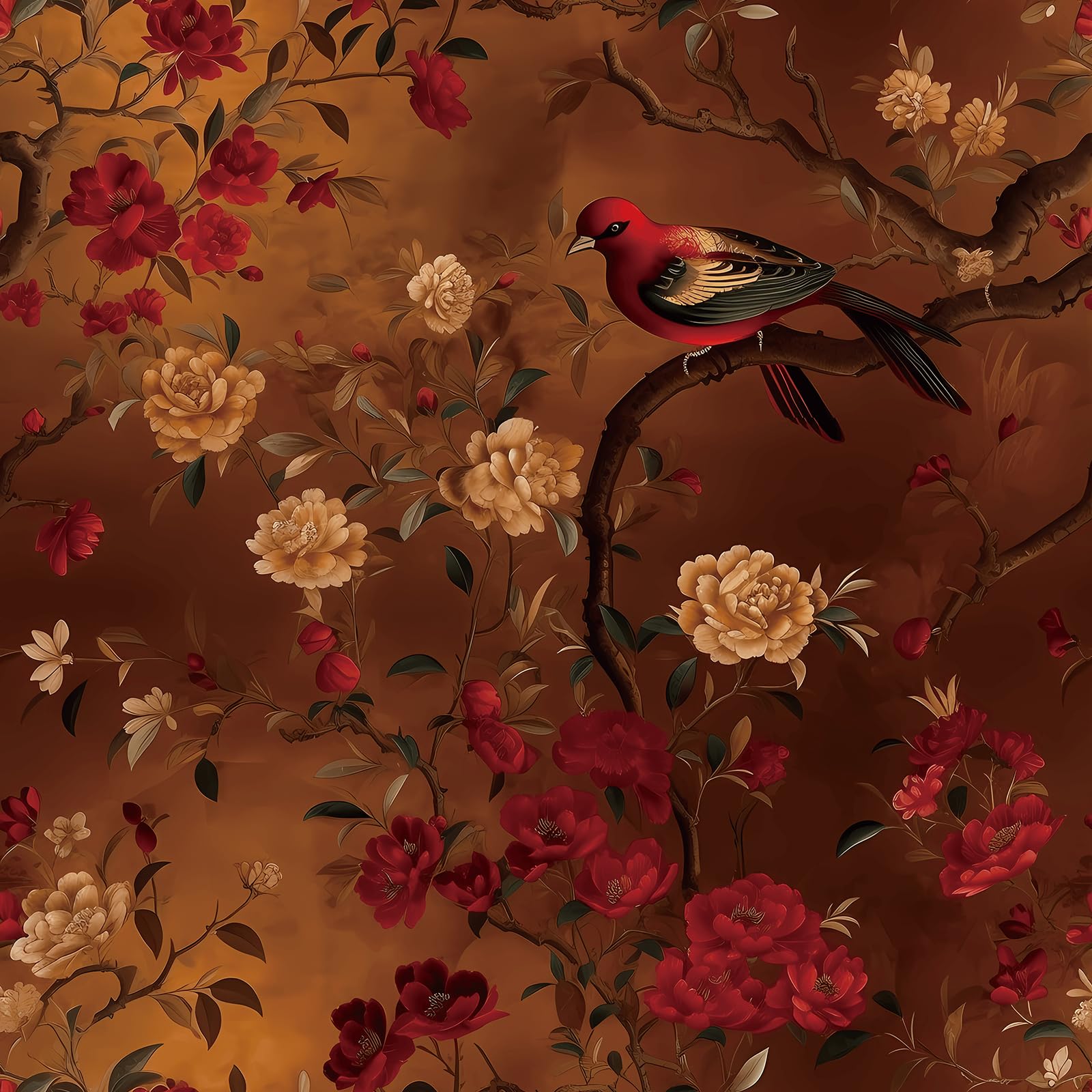 Photo 1 of Livelynine Red Vintage Wallpaper Peel and Stick Chinoiserie Floral Wallpaper with Birds Burgundy Gold Elegant Peony Flowers Self Adhesive Bird Floral Contact Paper for Cabinets Removable 17.5x78.8