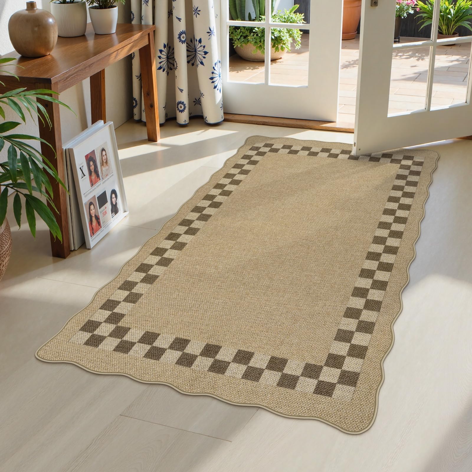 LIVEBOX Scalloped Easy Jute Checkered 3x5 Outdoor Rug, Washable Non-Slip Tan Rugs for Entryway, Geometric Indoor Outdoor Rug Farmhouse Boho Carpet