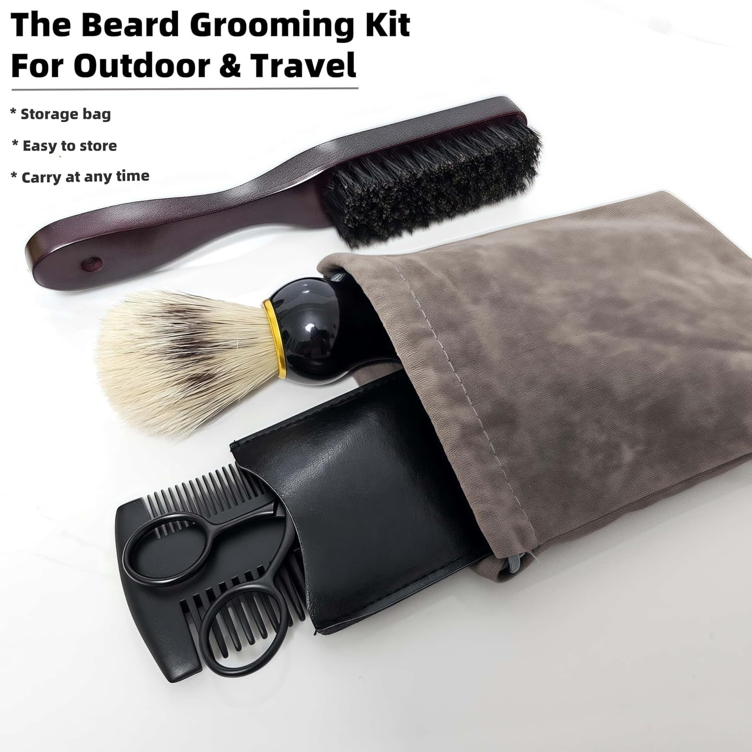 Straight Edge Razor Shaving Kit, Including Steel Shaver & Shaving Brush & Wooden Beard Comb & Boar Bristle Brush, Beard Scissors, Idea Gift for Christmas, Birthday, Father for Men - Black