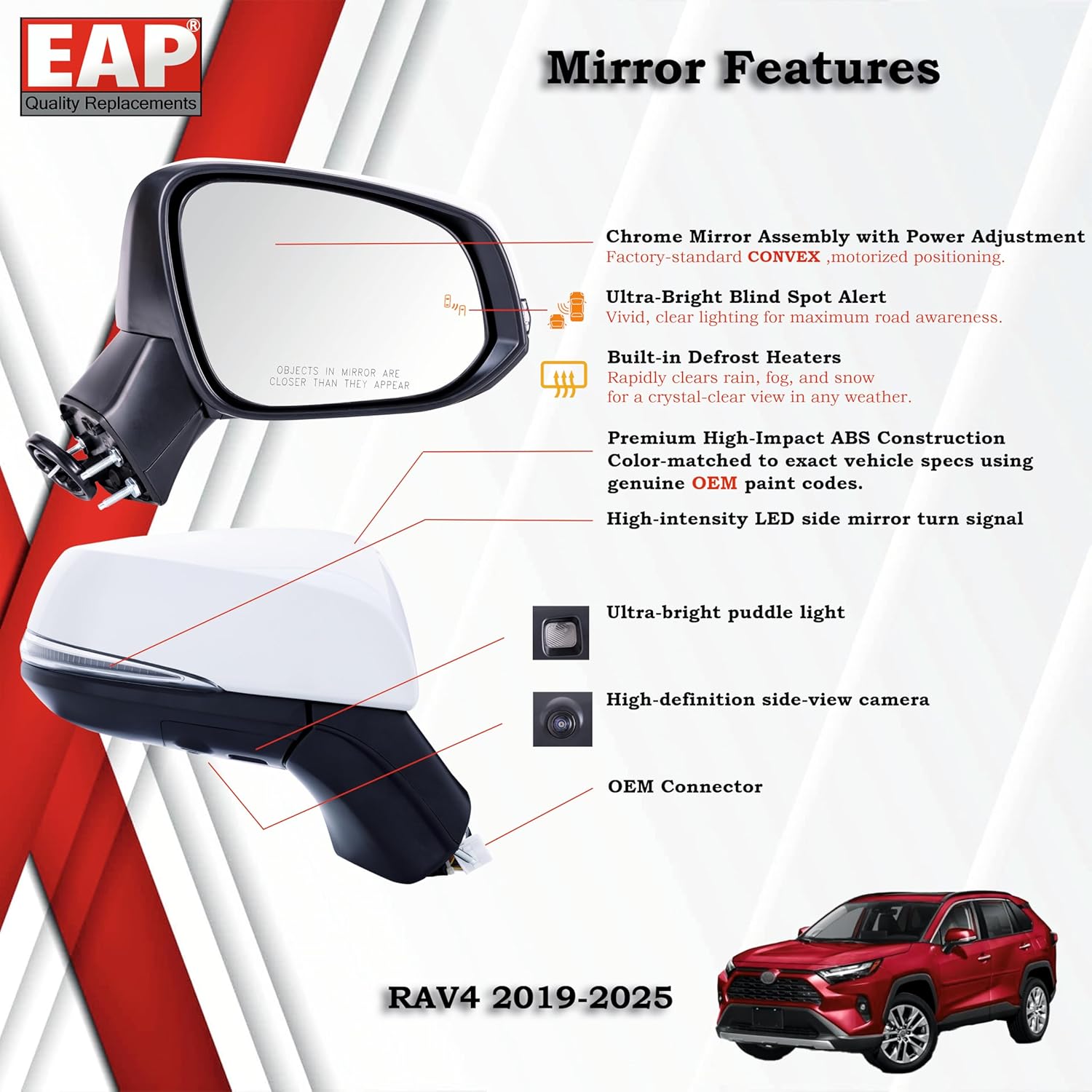 EAP Passenger Side Mirror Compatible with Toyota RAV4 2019–2025, Power Adjustment, With Heat, With Turn Signal, With Blind Spot, With Puddle, With Camera, Gray Metallic