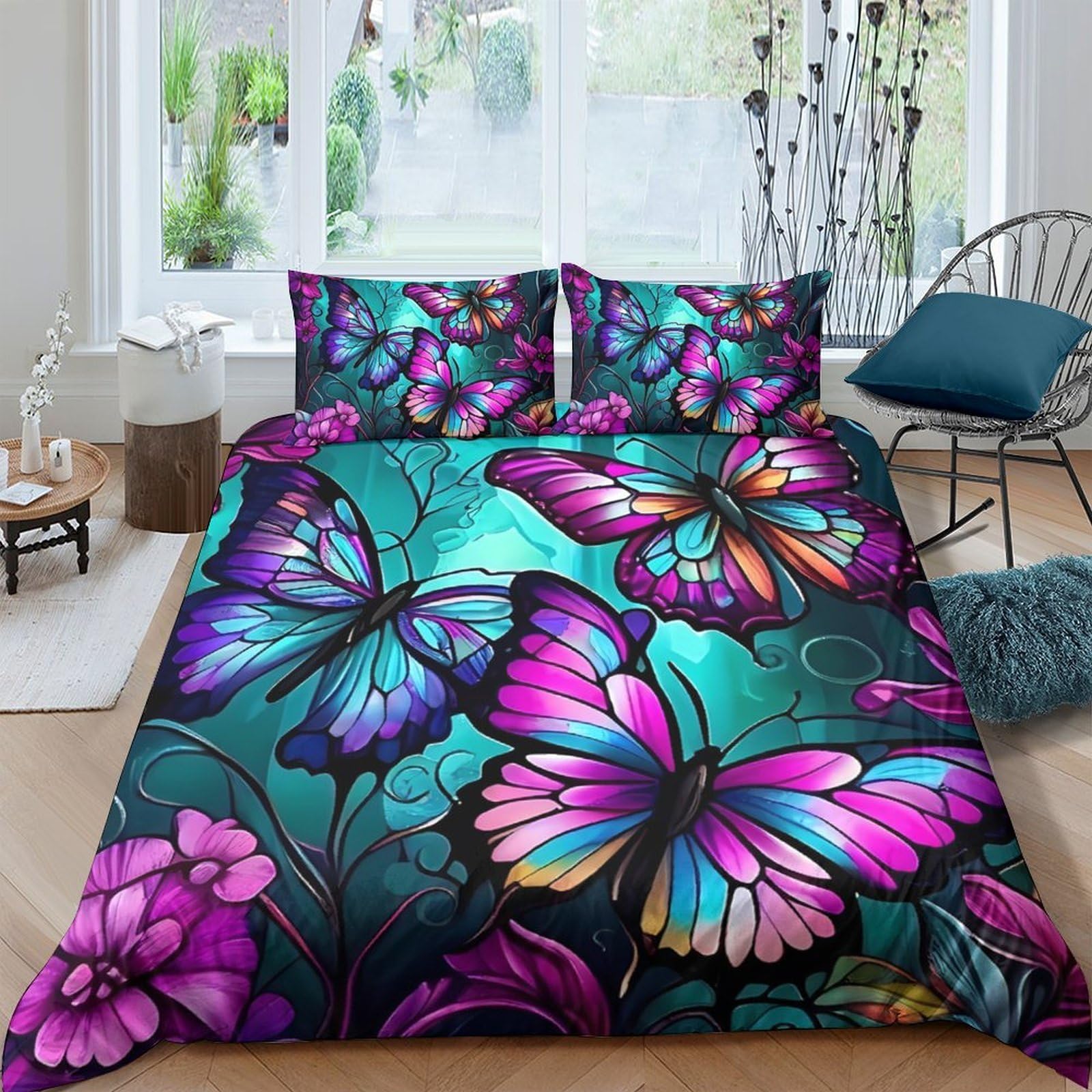 GPLZQXKJNH 3D Printed Butterfly Floral Duvet Cover Set Microfiber Soft Breathable Bedding Set with 2 Pillowcases for Bedroom Decor Single（135x200cm）