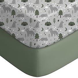 Yoofoss Pack and Play Sheets Fitted, Mini Crib Sheets 2-Pack for Pack N Play Mattress, Stretchy Playard Sheet, Soft and Breathable Gray-Green+Fox