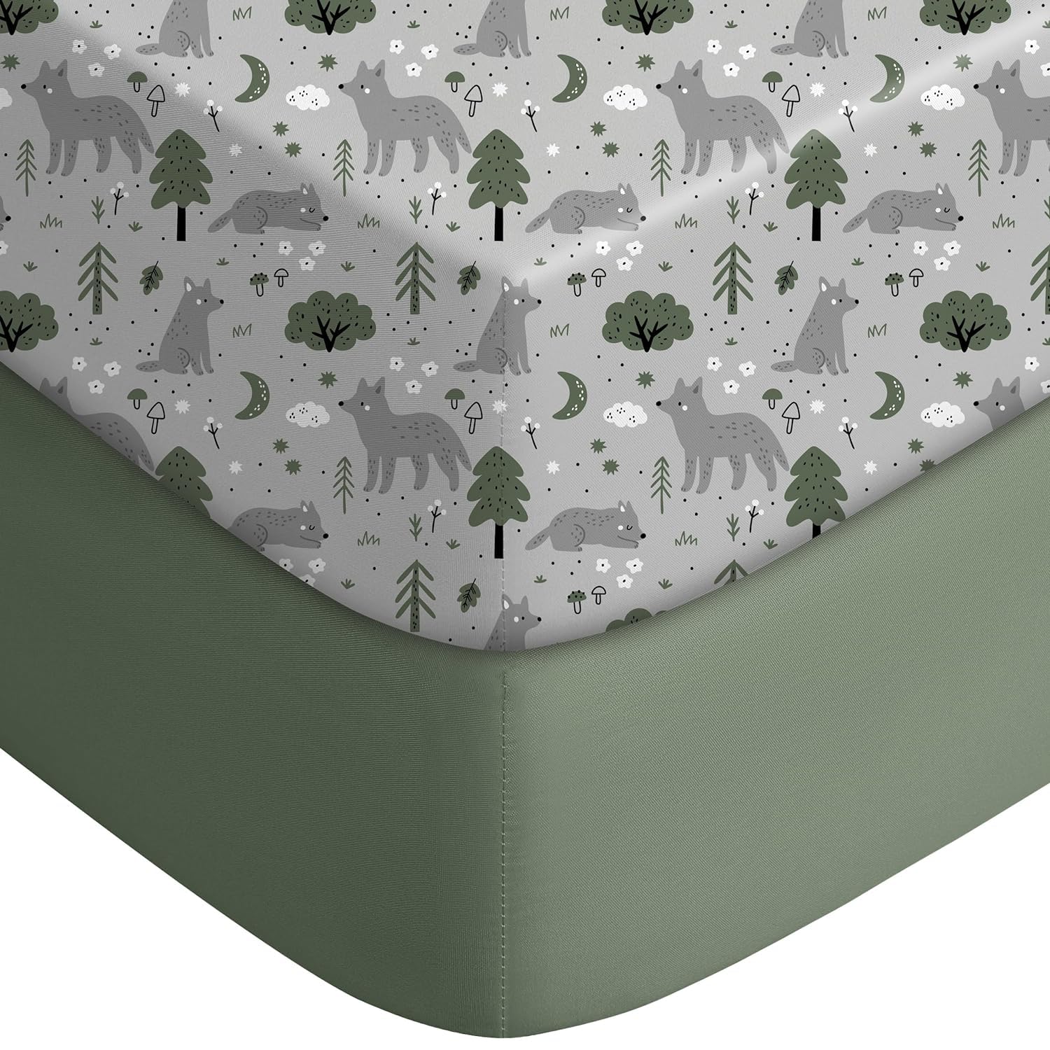 Yoofoss Pack and Play Sheets Fitted, Mini Crib Sheets 2-Pack for Pack N Play Mattress, Stretchy Playard Sheet, Soft and Breathable Gray-Green+Fox