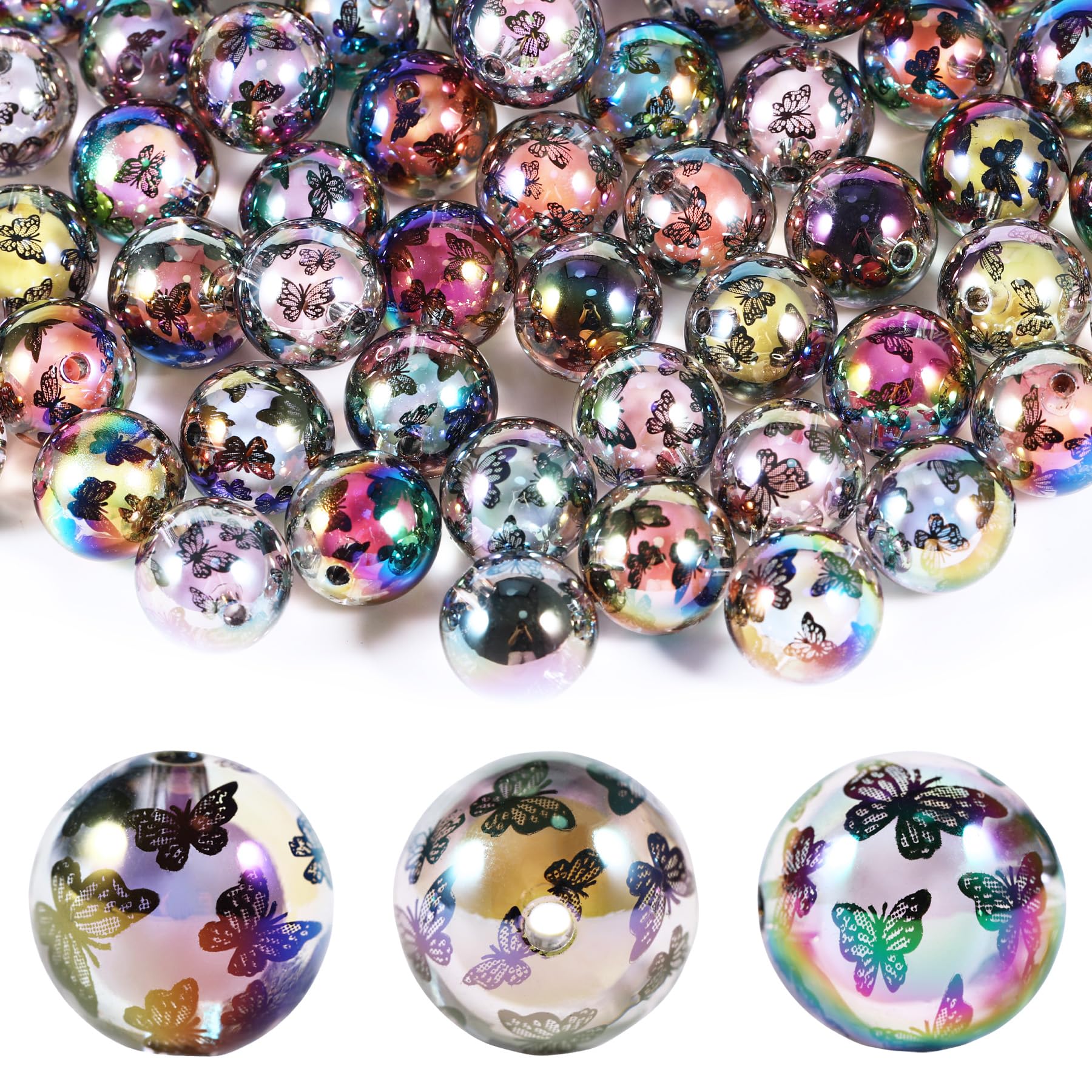 15Pcs Acrylic Beads Round 16mm UV Bead in Bead with Butterfly Print Fit for DIY Jewelry Bracelet Necklace Keychain Beadable Pens Mobile Phone Chain