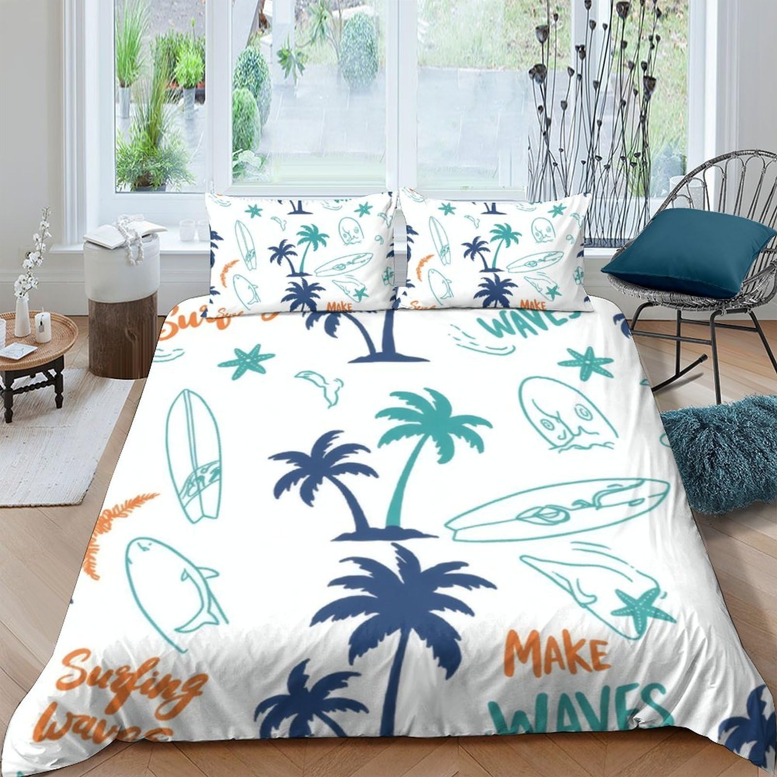 Ctjqhvkz Style-4 3D Printed Palm Tree Fitted Sheet Microfiber Soft Breathable Surfboard Bed Cover For Bedroom Living Room Decor Single（135X200cm）